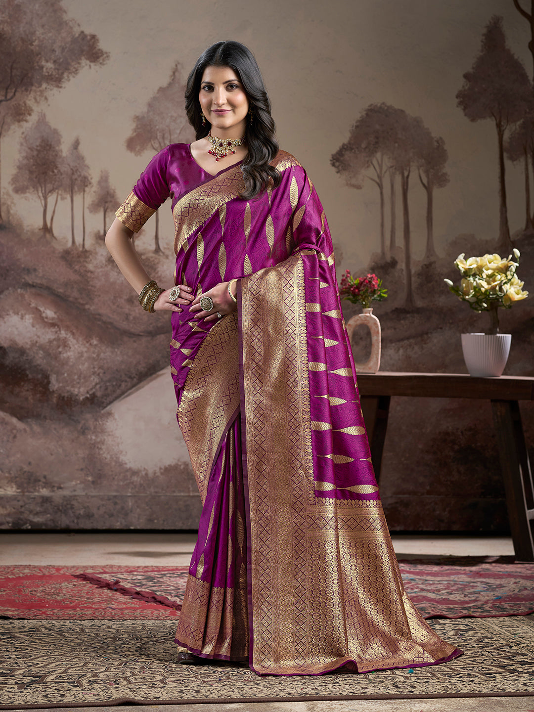 Jyoti Fashion Women's Purple Soft Lichi Silk Jacquard Traditional Saree with Blouse
