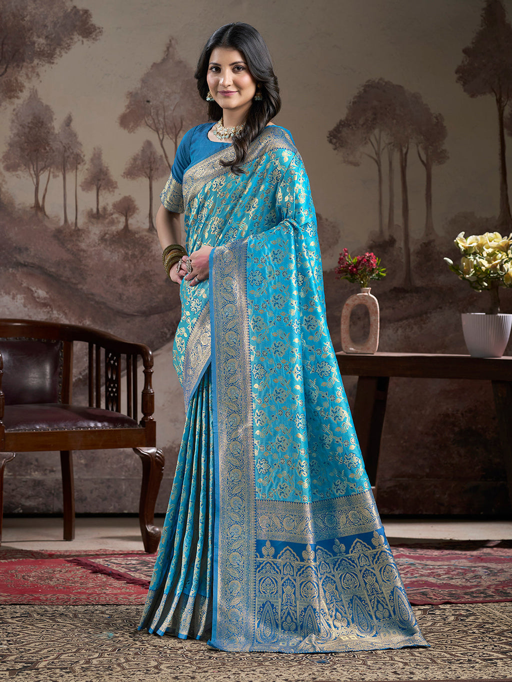 Jyoti Fashion Women's Sky Blue Soft Lichi Silk Jacquard Traditional Saree with Blouse