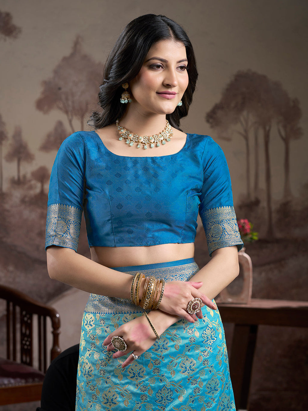 Jyoti Fashion Women's Sky Blue Soft Lichi Silk Jacquard Traditional Saree with Blouse