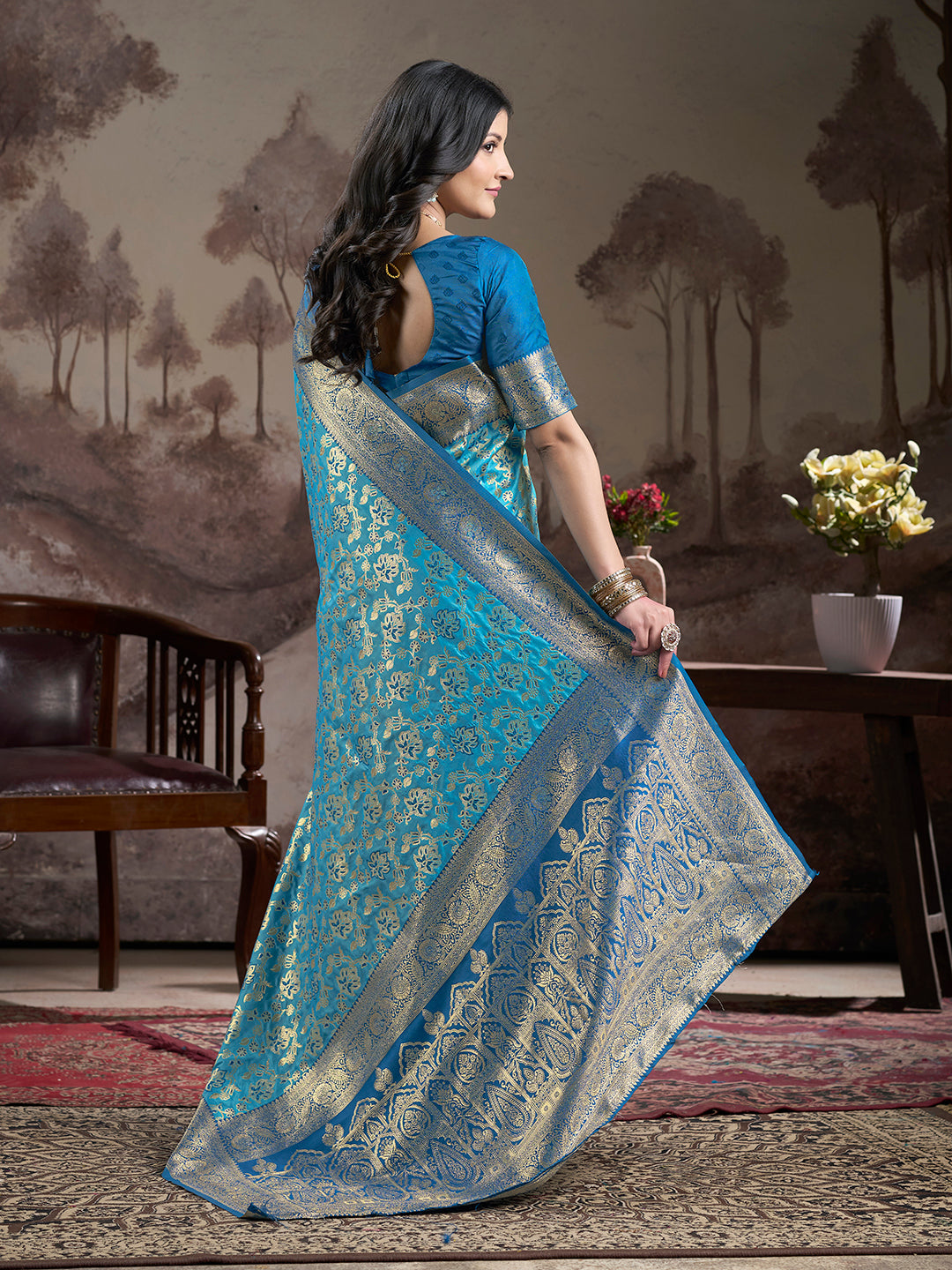 Jyoti Fashion Women's Sky Blue Soft Lichi Silk Jacquard Traditional Saree with Blouse