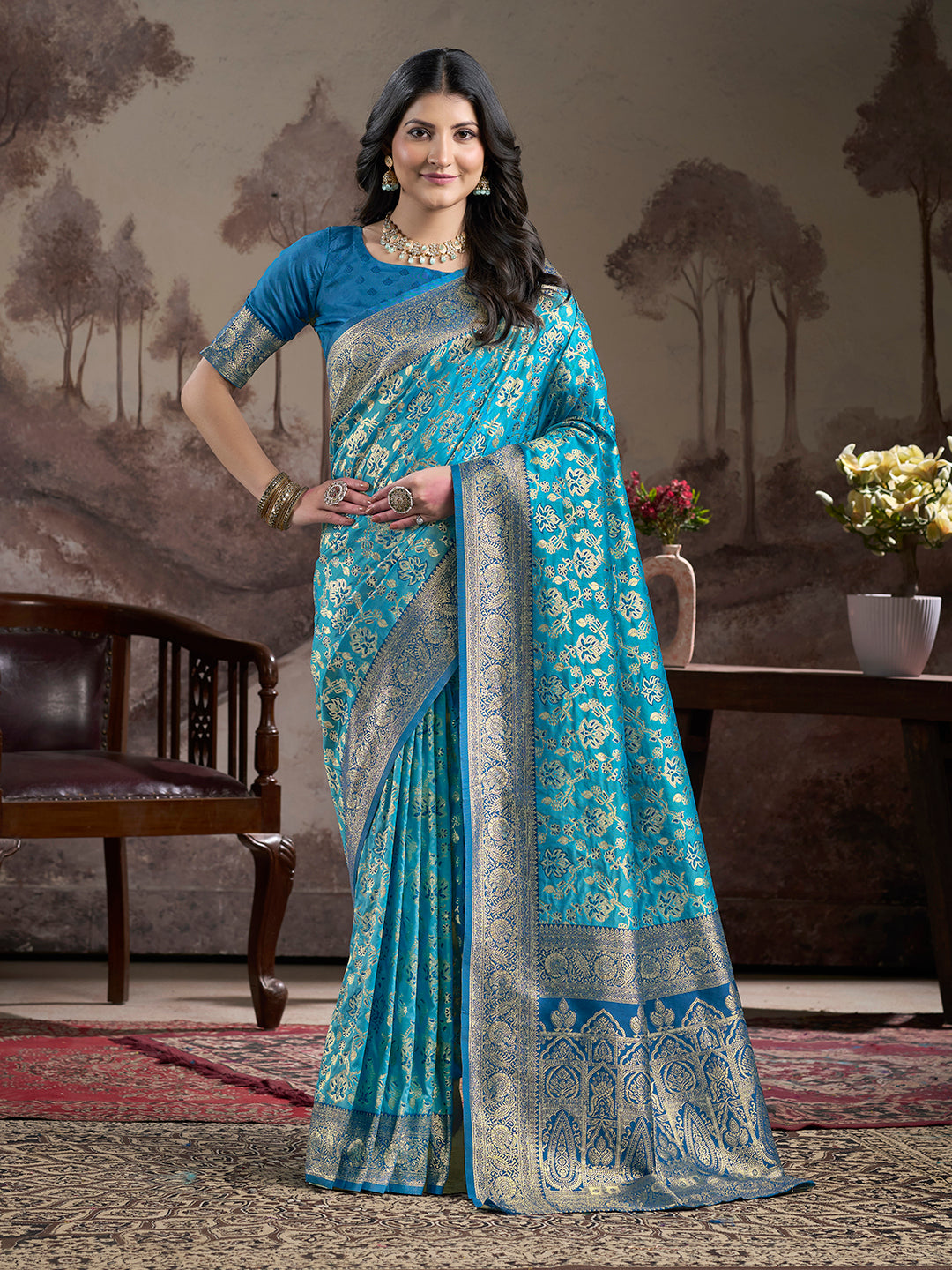 Jyoti Fashion Women's Sky Blue Soft Lichi Silk Jacquard Traditional Saree with Blouse