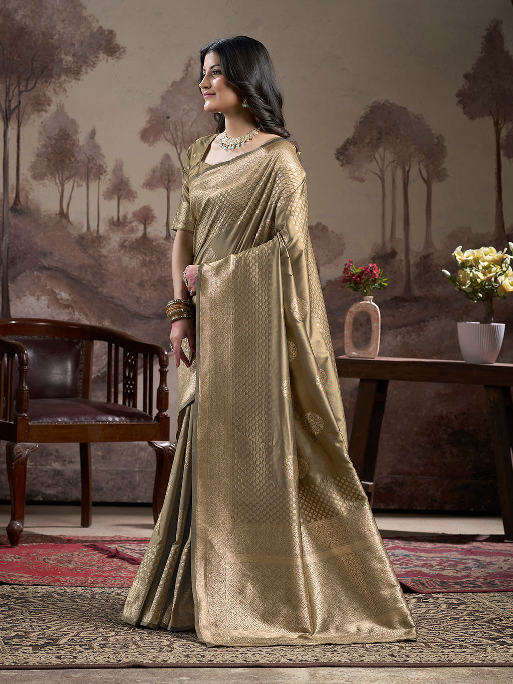 Jyoti Fashion Women's Beige Soft Lichi Silk Jacquard Traditional Saree with Blouse