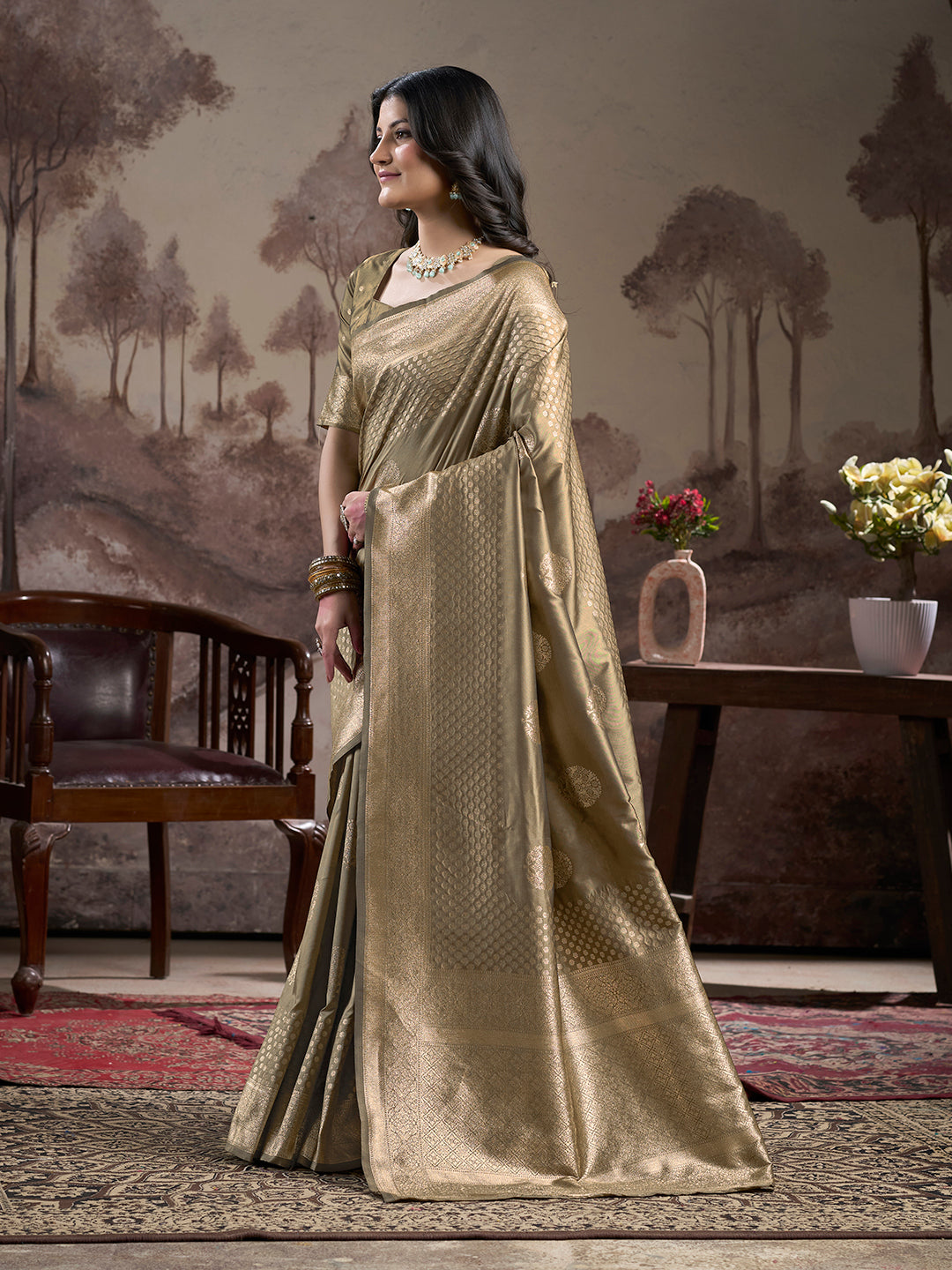 Jyoti Fashion Women's Beige Soft Lichi Silk Jacquard Traditional Saree with Blouse