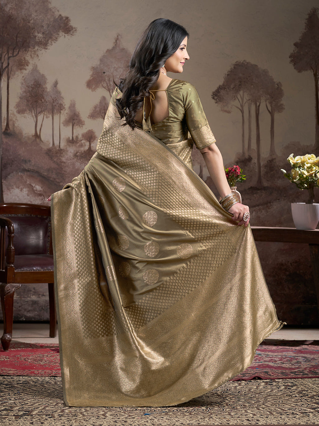Jyoti Fashion Women's Beige Soft Lichi Silk Jacquard Traditional Saree with Blouse