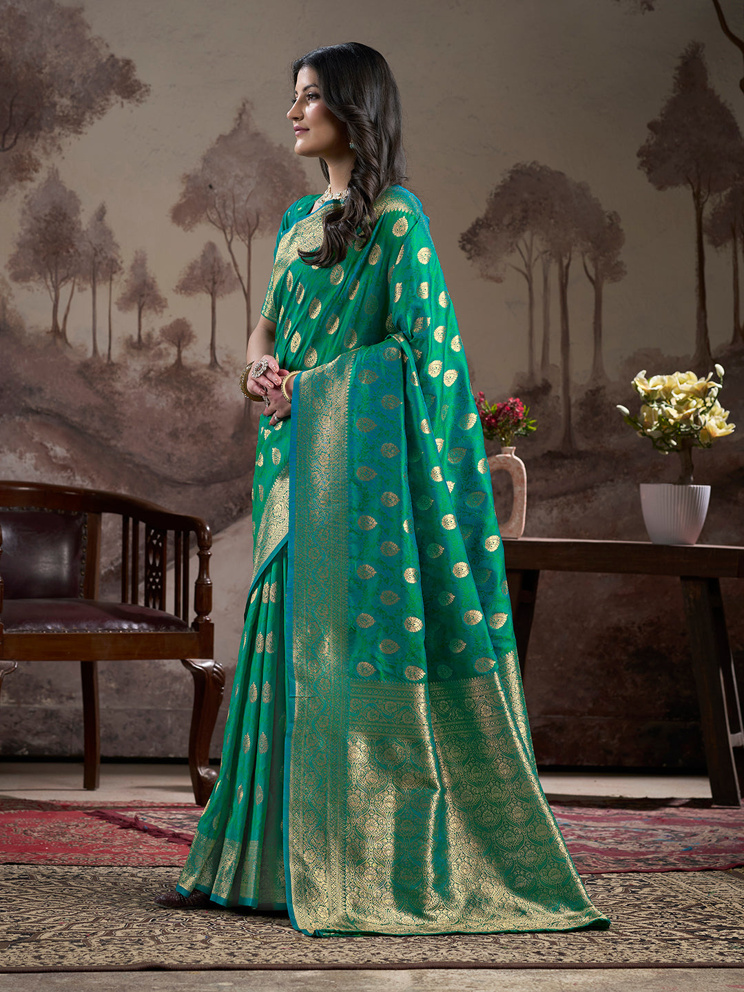 Jyoti Fashion Women's Green Soft Lichi Silk Jacquard Traditional Saree with Blouse