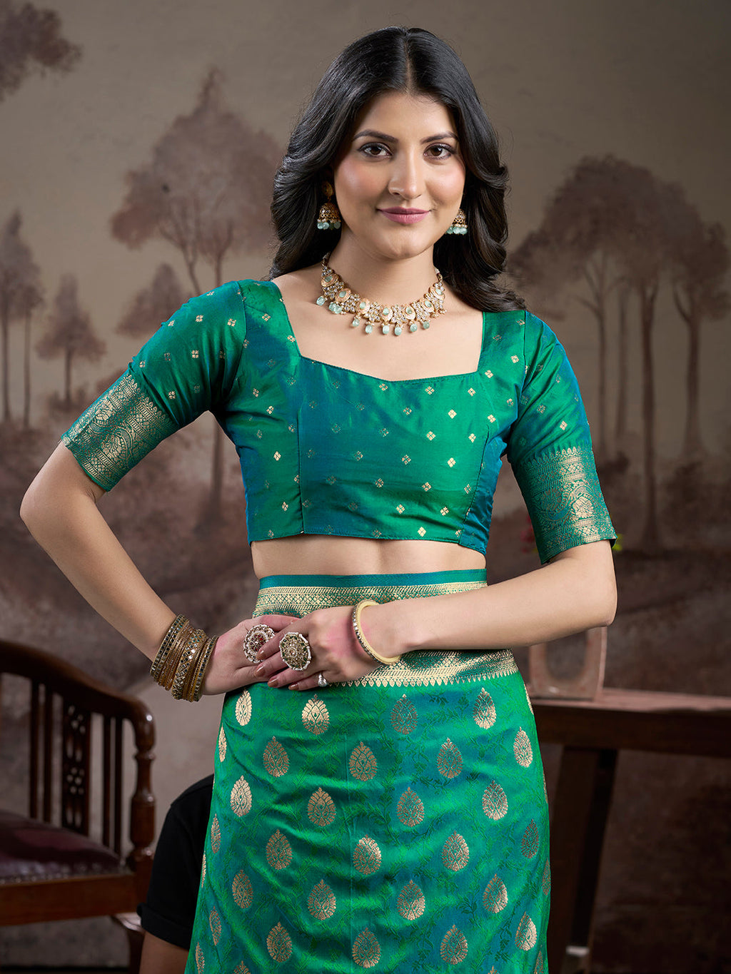 Jyoti Fashion Women's Green Soft Lichi Silk Jacquard Traditional Saree with Blouse