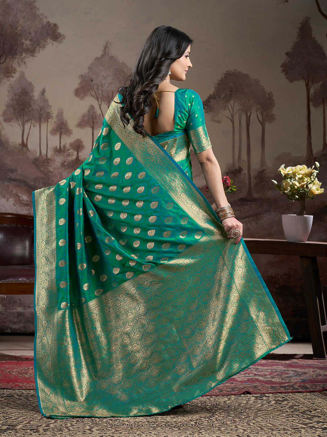 Jyoti Fashion Women's Green Soft Lichi Silk Jacquard Traditional Saree with Blouse