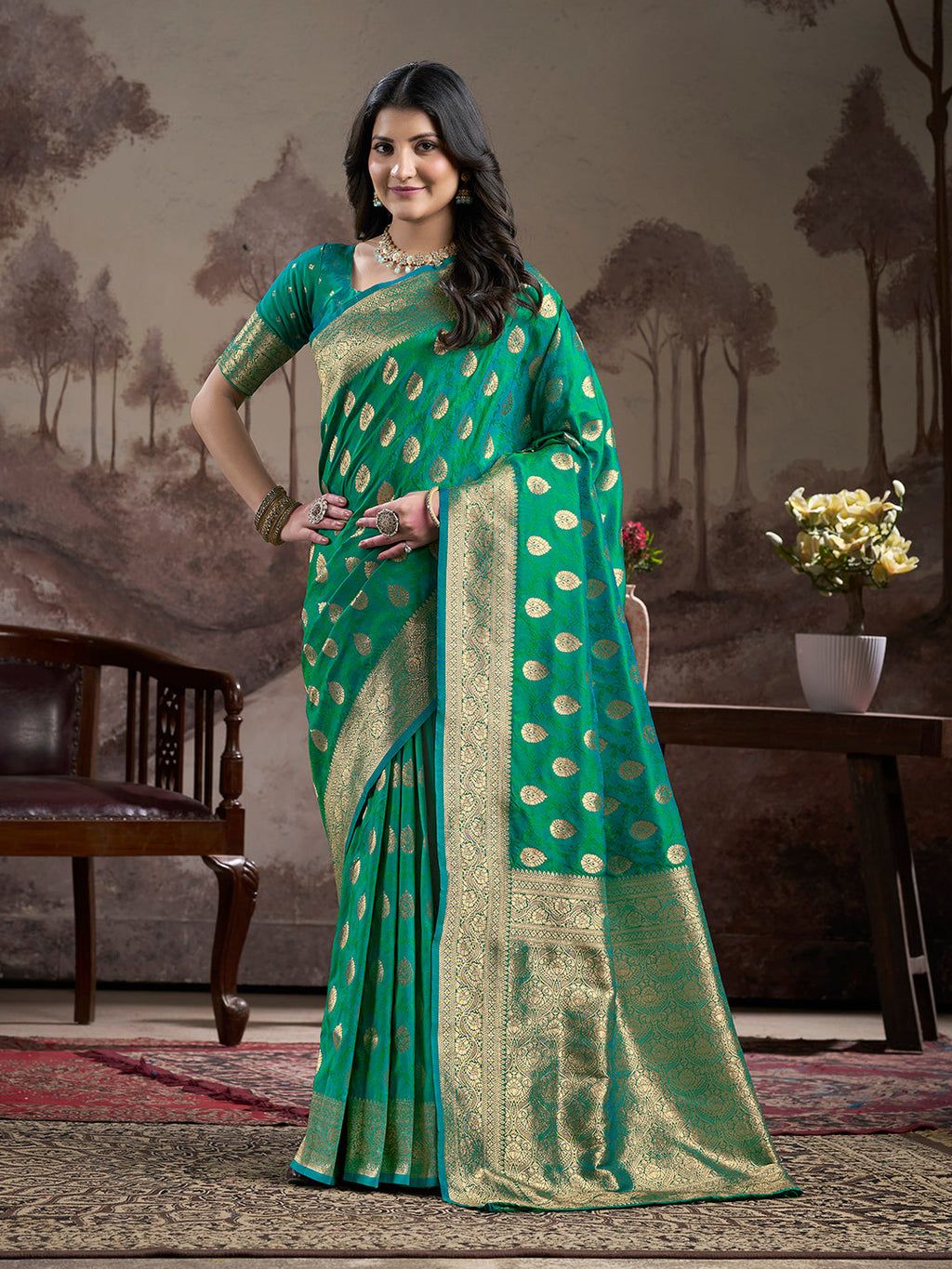 Jyoti Fashion Women's Green Soft Lichi Silk Jacquard Traditional Saree with Blouse