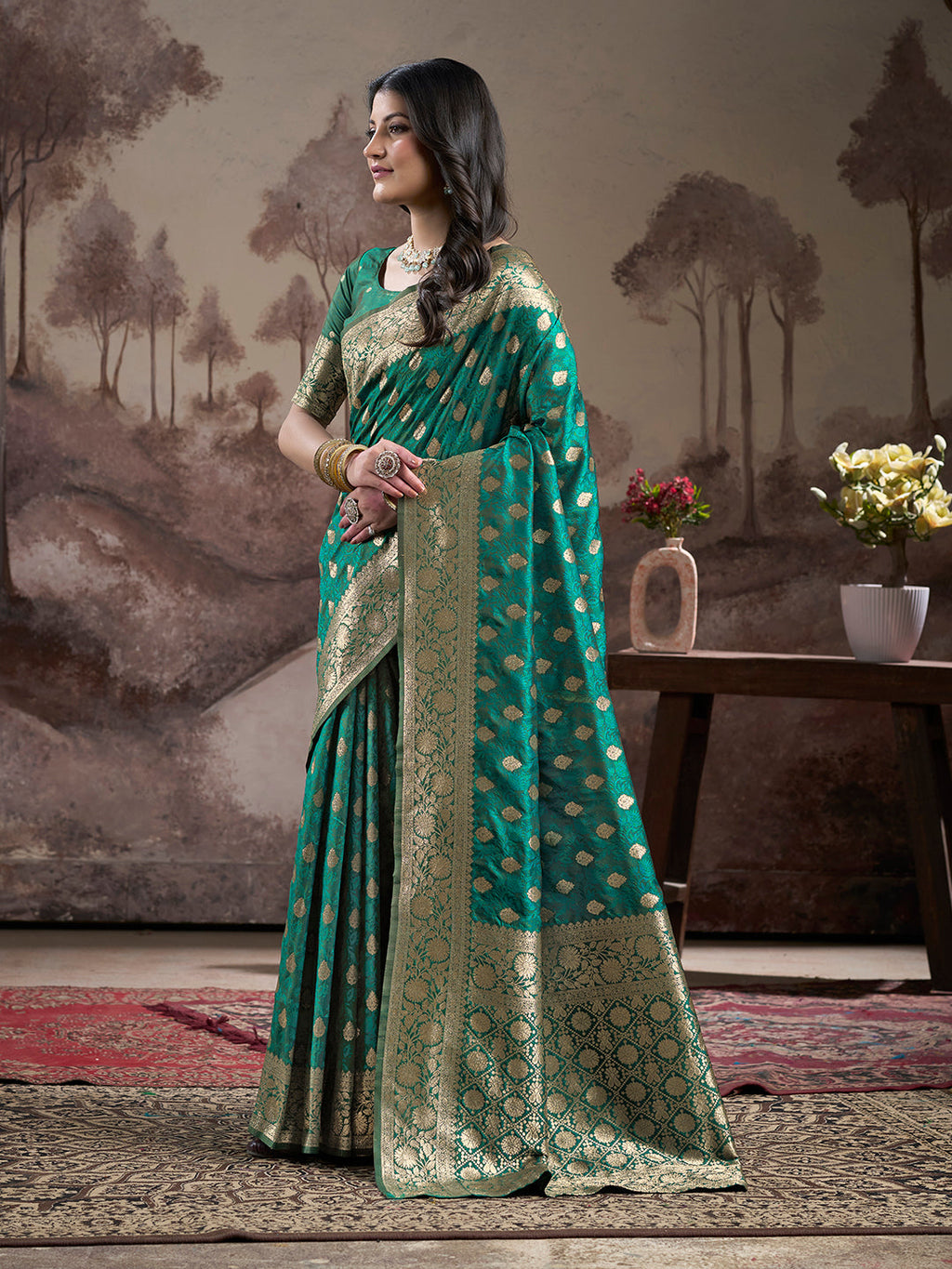 Jyoti Fashion Women's Green Soft Lichi Silk Jacquard Traditional Saree with Blouse