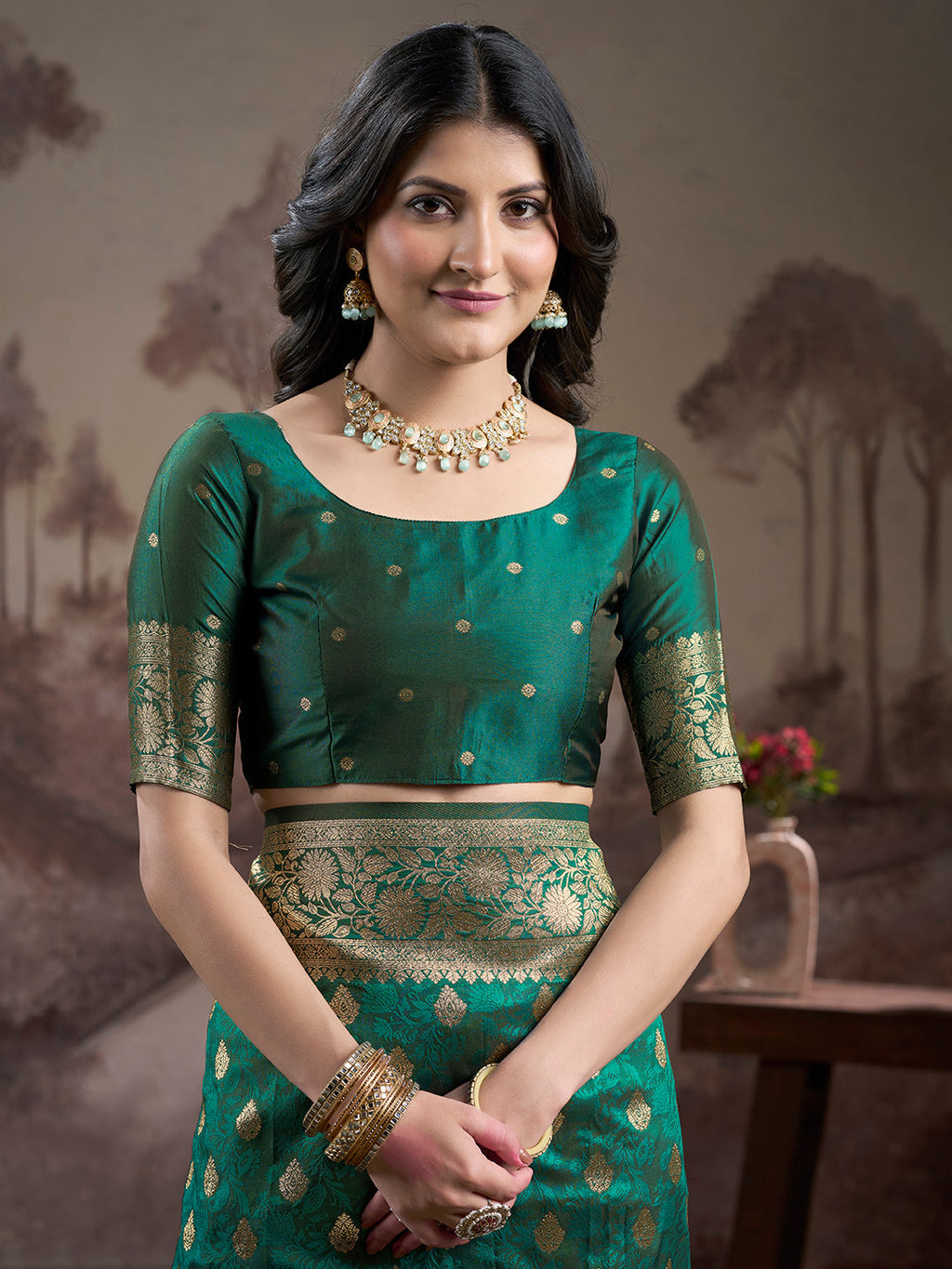 Jyoti Fashion Women's Green Soft Lichi Silk Jacquard Traditional Saree with Blouse