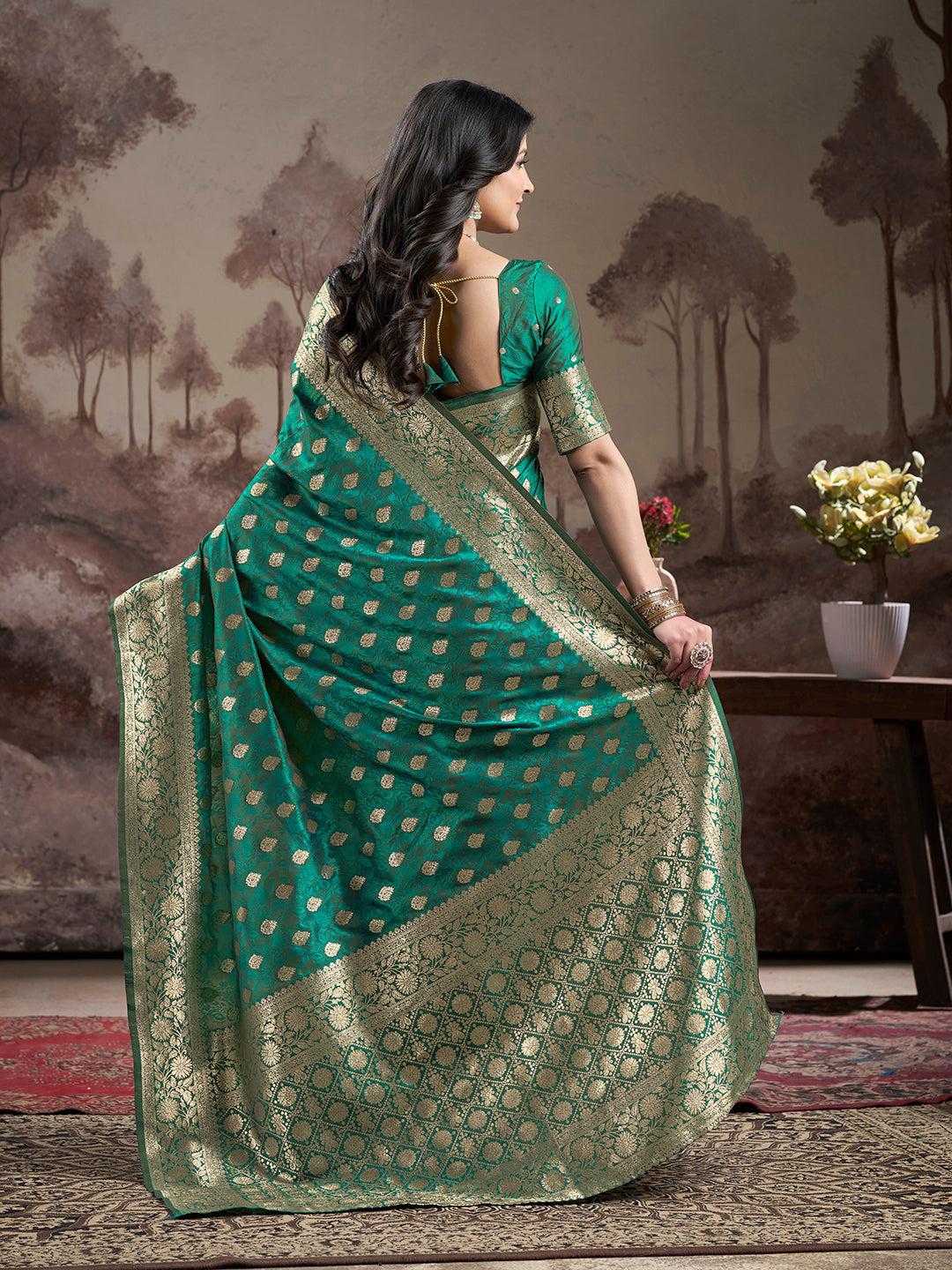 Jyoti Fashion Women's Green Soft Lichi Silk Jacquard Traditional Saree with Blouse
