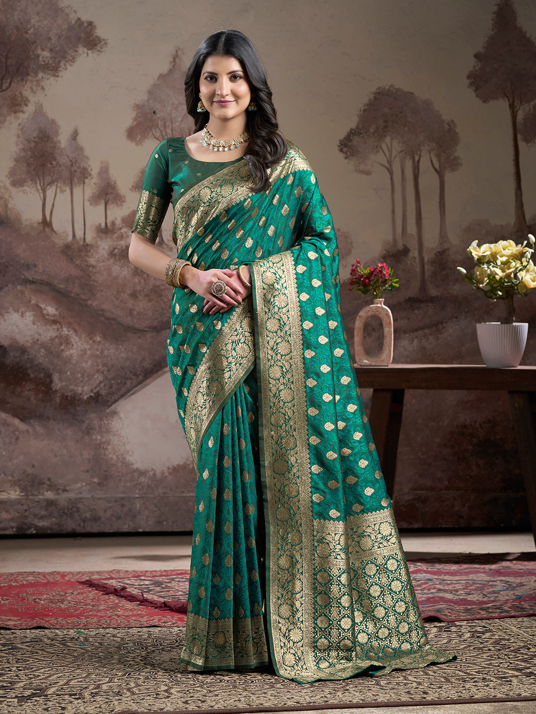 Jyoti Fashion Women's Green Soft Lichi Silk Jacquard Traditional Saree with Blouse