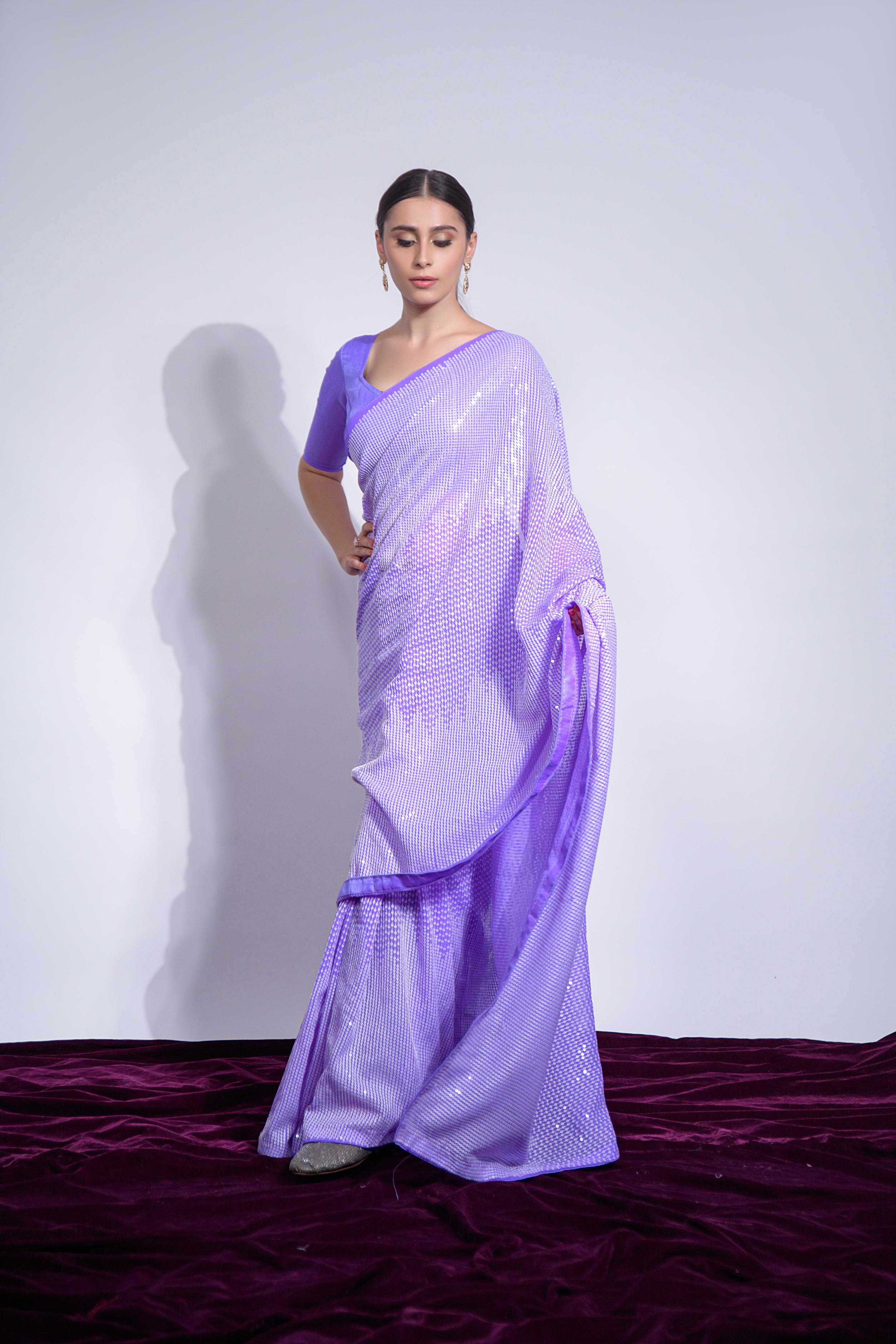 Jyoti Fashion Women's Violet Georgette Sequins Embroidered Designer Saree with Blouse