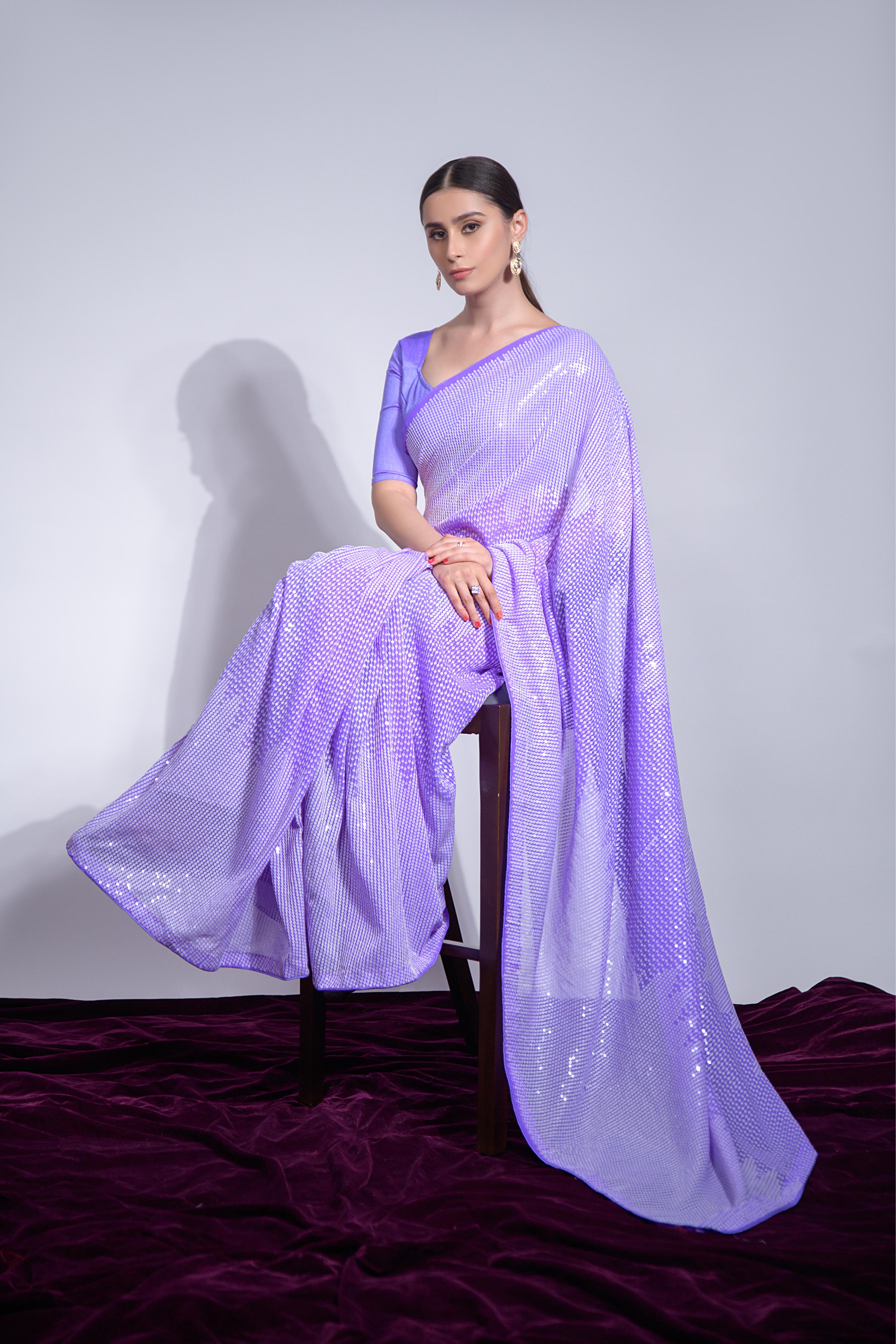 Jyoti Fashion Women's Violet Georgette Sequins Embroidered Designer Saree with Blouse