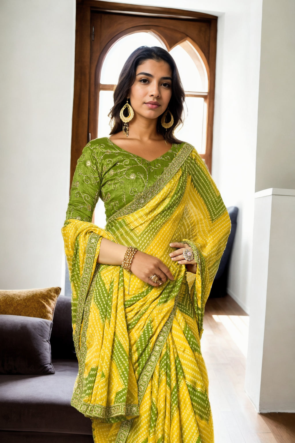 Jyoti Fashion Women's Yellow Chinon Bandhani Print with Embroidered Saree with Blouse