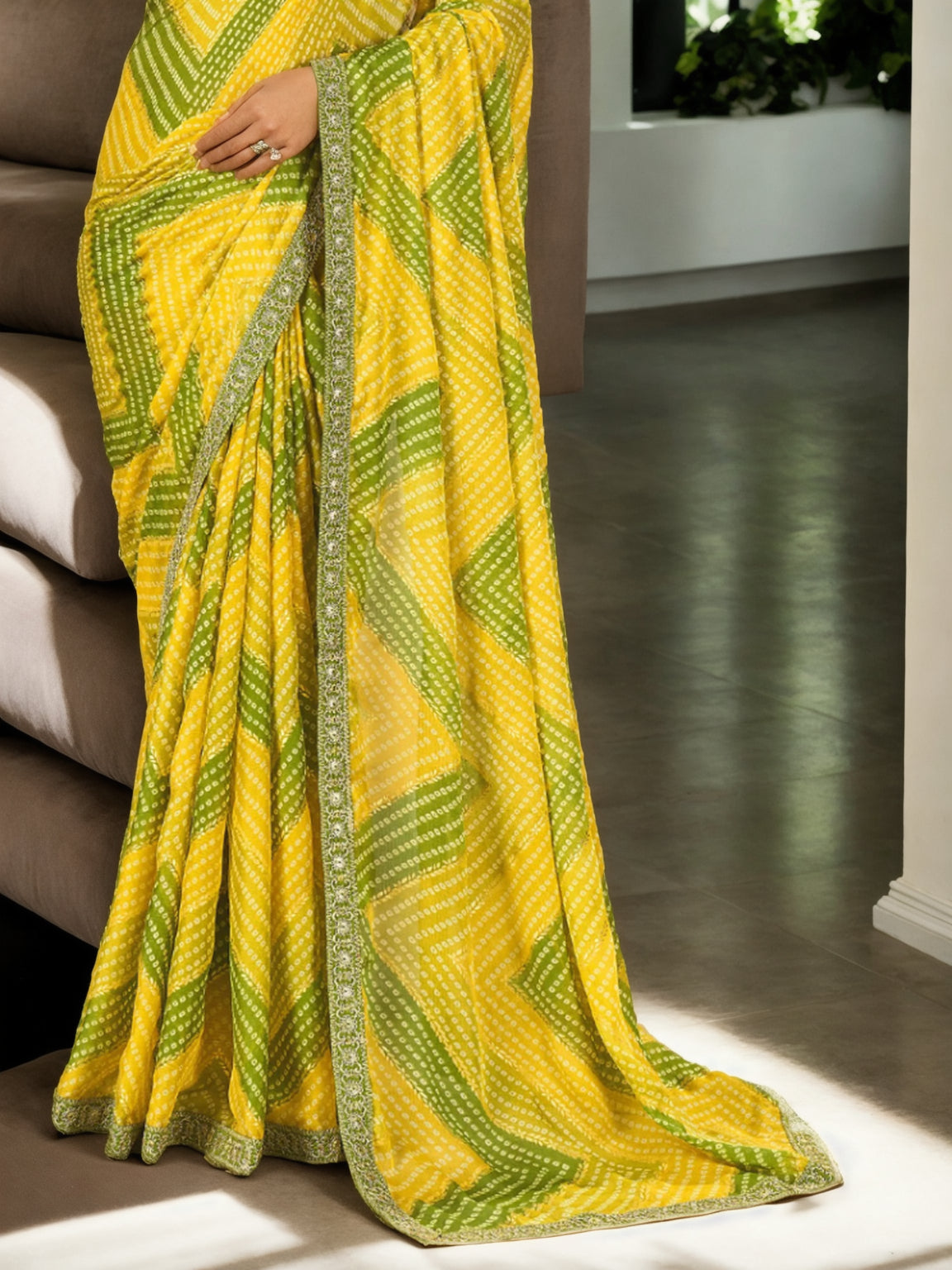 Jyoti Fashion Women's Yellow Chinon Bandhani Print with Embroidered Saree with Blouse