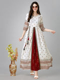 Jyoti Fashion Women's White Rayon Leaf Printed Long Designer Anarkali Dress