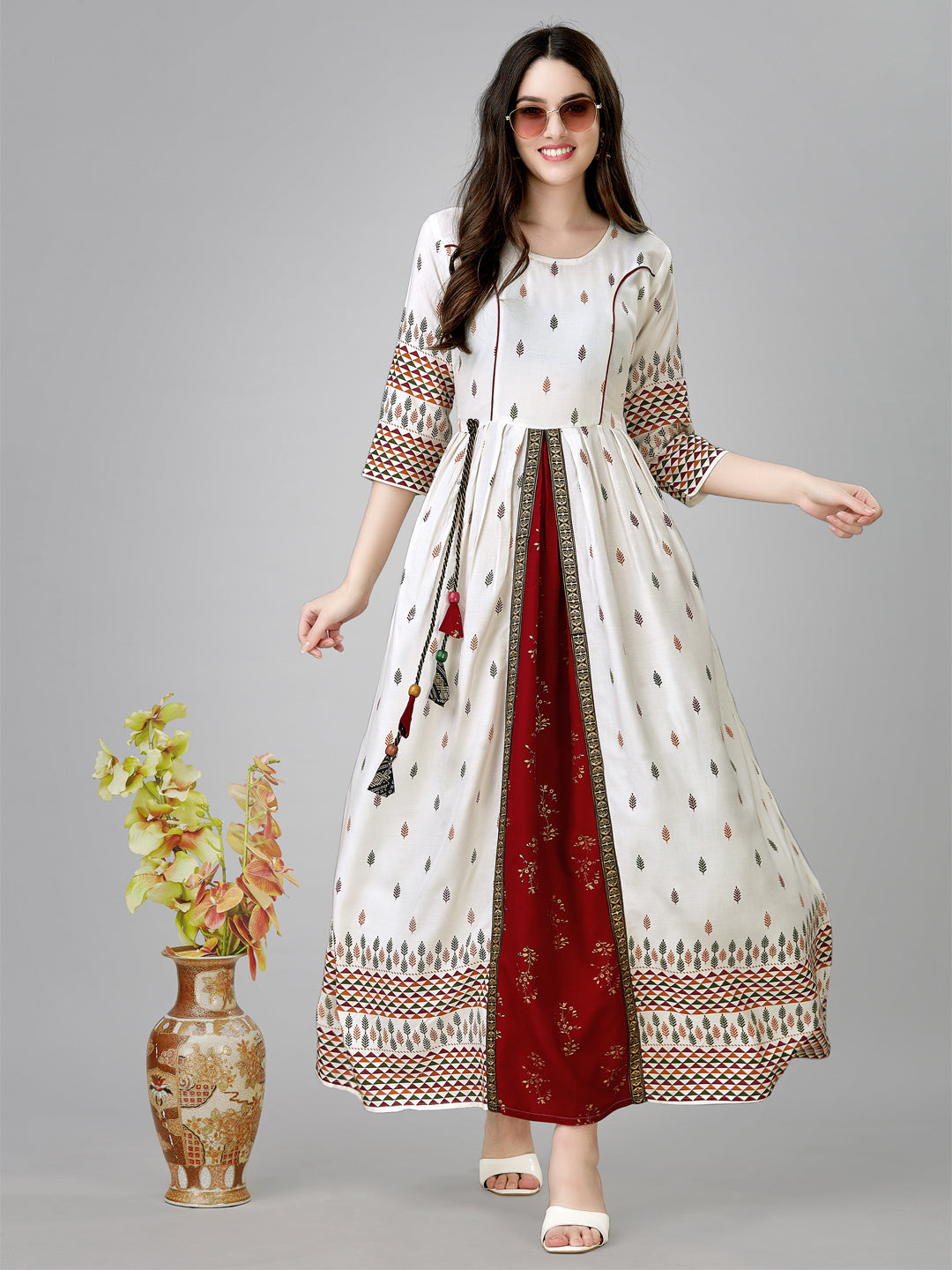 Jyoti Fashion Women's White Rayon Leaf Printed Long Designer Anarkali Dress