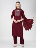 Jyoti Fashion Women's Maroon Cotton Blend Sequins Embroidered Kurta Set