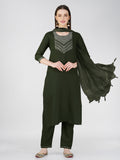 Jyoti Fashion Women's Bottle Green Cotton Blend Sequins Embroidered Kurta Set