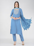Jyoti Fashion Women's Sky Blue Cotton Blend Sequins Embroidered Kurta Set