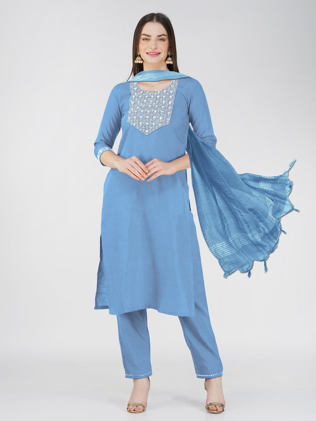 Jyoti Fashion Women's Sky Blue Cotton Blend Sequins Embroidered Kurta Set
