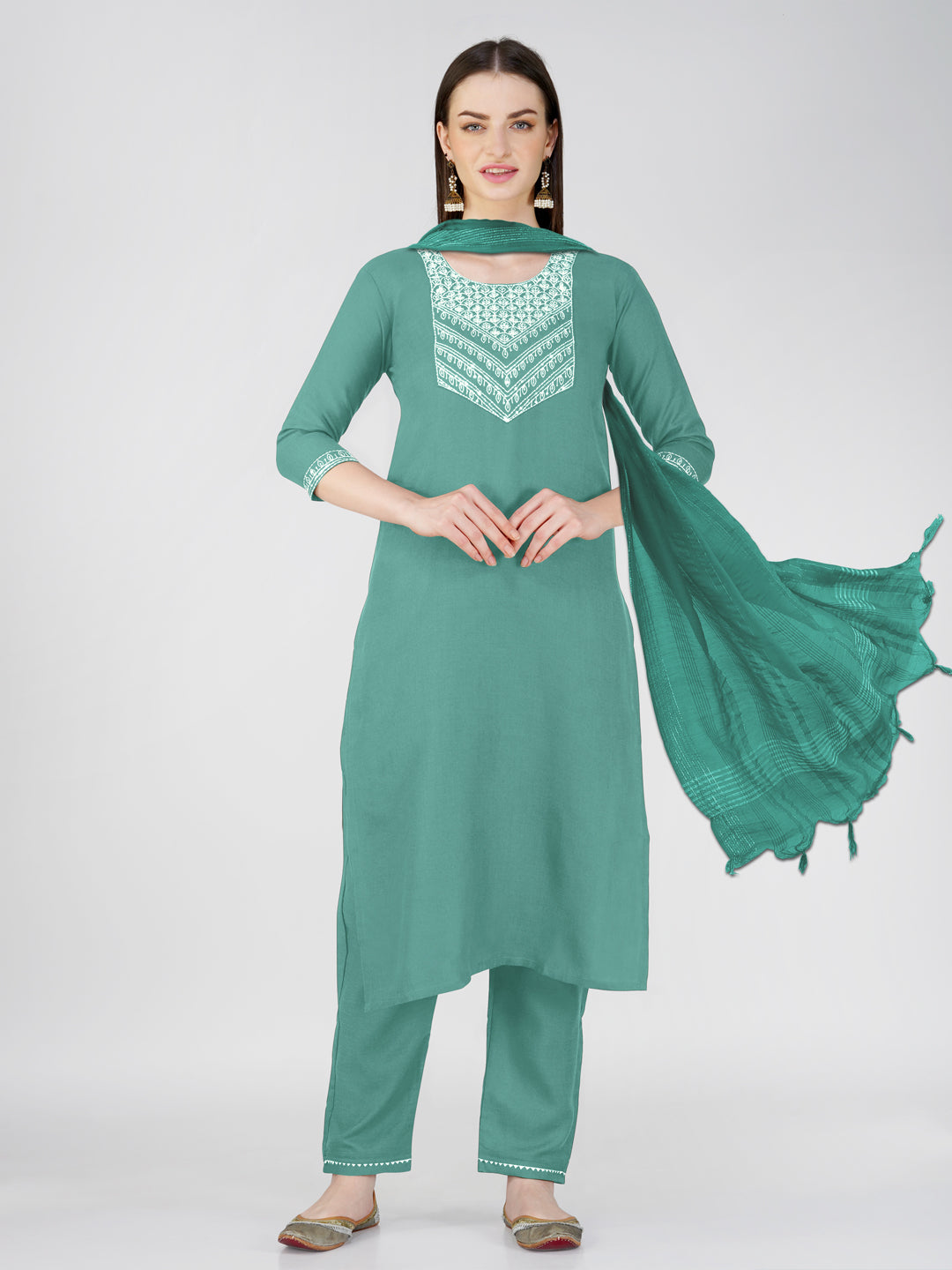 Jyoti Fashion Women's Teal Cotton Blend Sequins Embroidered Kurta Set