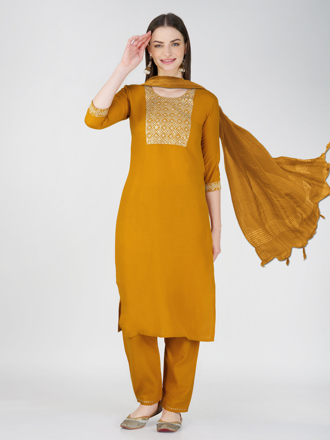 Jyoti Fashion Women's Mustard Cotton Blend Sequins Embroidered Kurta Set