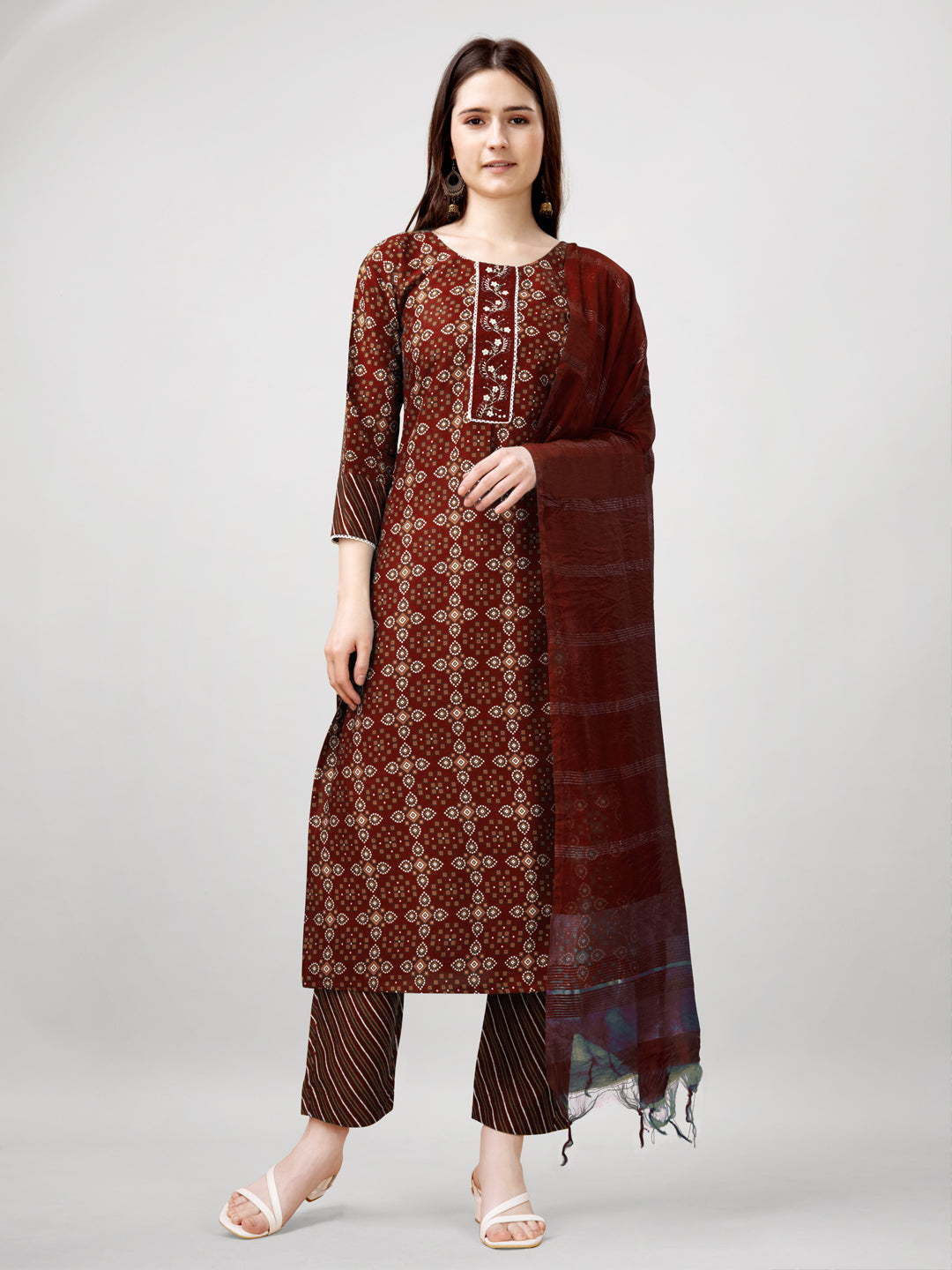 Jyoti Fashion Women's Maroon Rayon Printed with Embroidered Kurta Set
