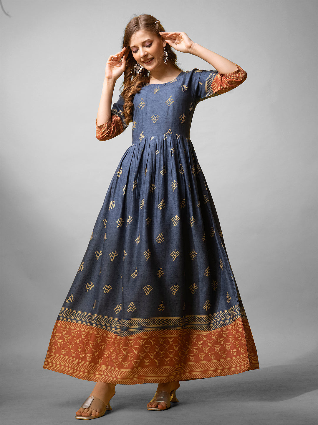 Jyoti Fashion Women's Denim Blue Rayon Abstract Printed Designer Anarkali Dress