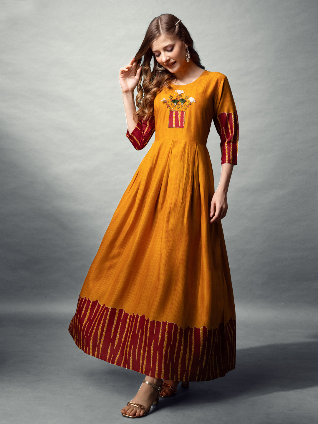 Jyoti Fashion Women's Mustard Rayon Abstract Printed Designer Anarkali Dress