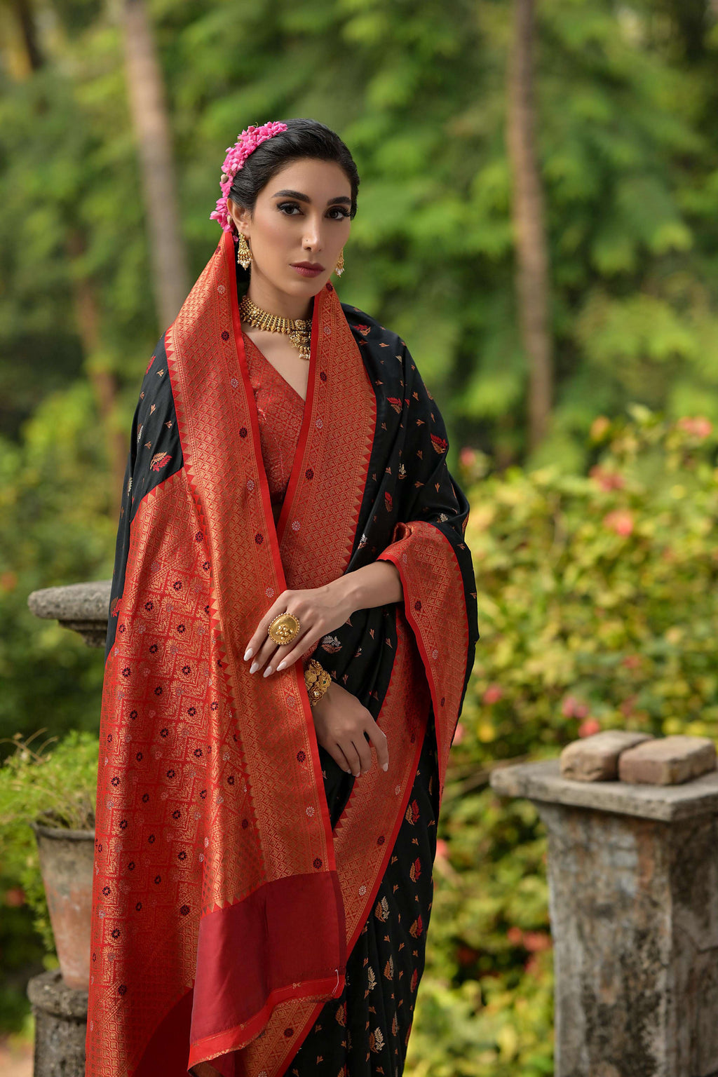 Jyoti Fashion Women's Black Banarasi Silk Zari Woven Traditional Saree with Blouse