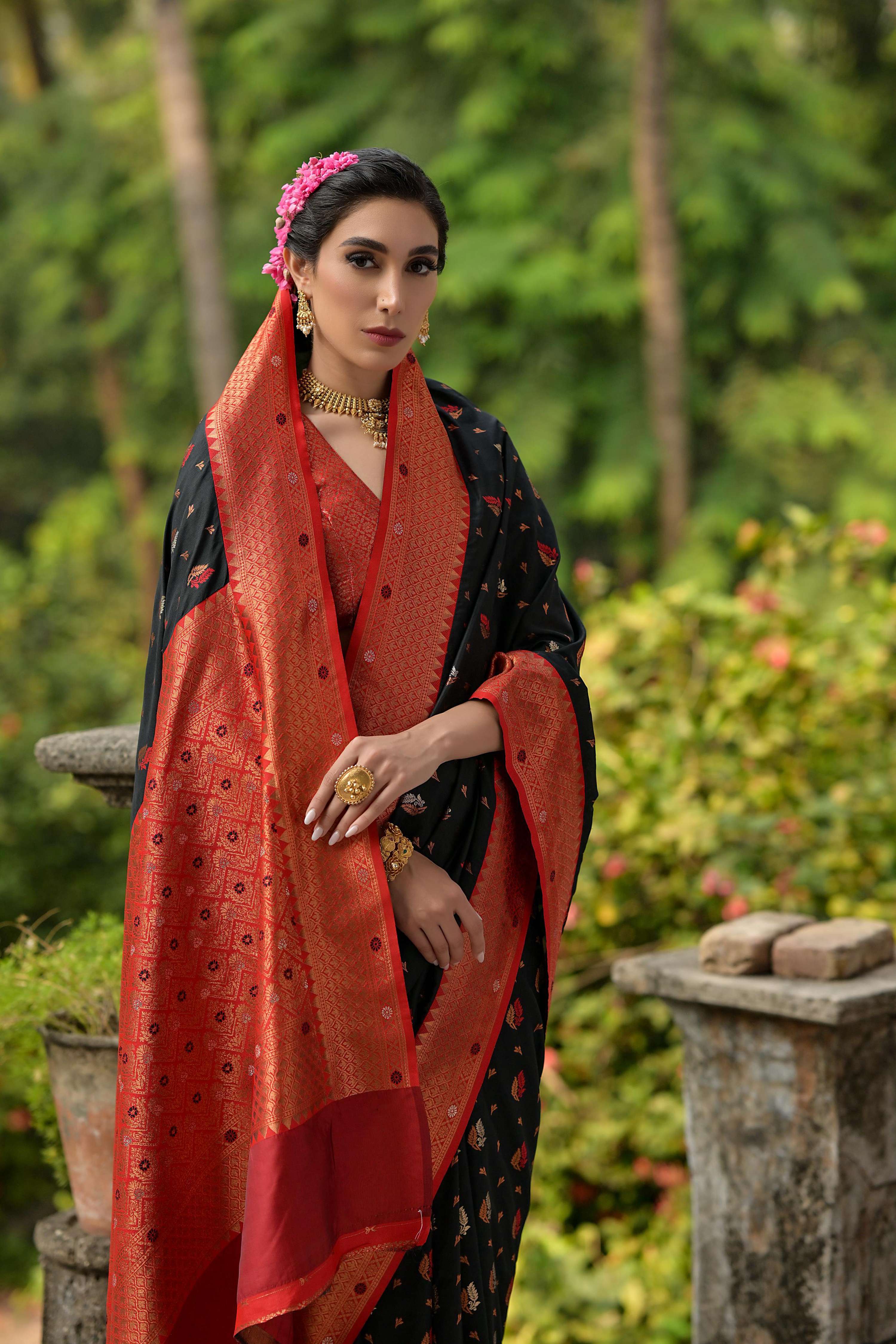 Jyoti Fashion Women's Black Banarasi Silk Zari Woven Traditional Saree with Blouse