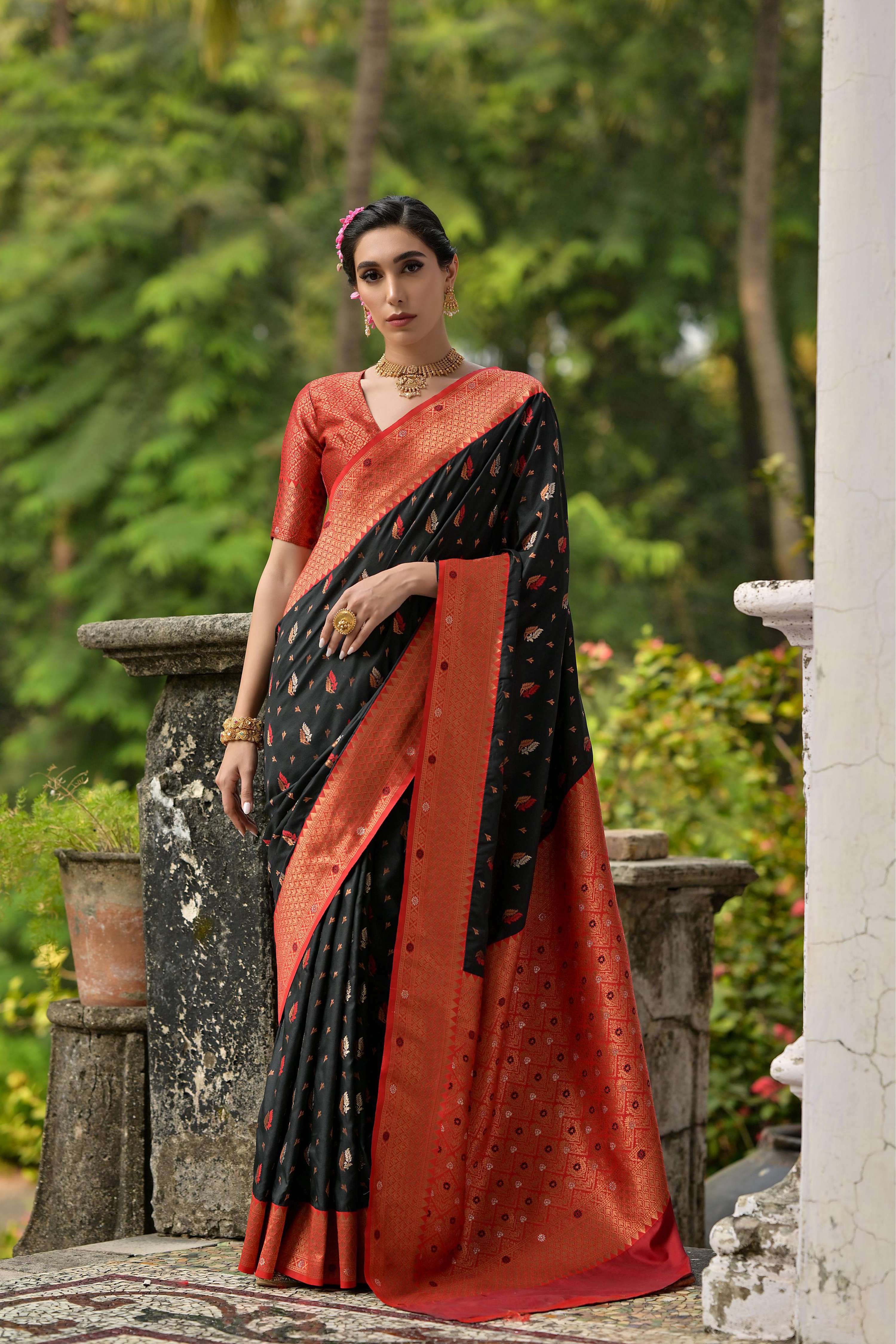 Jyoti Fashion Women's Black Banarasi Silk Zari Woven Traditional Saree with Blouse