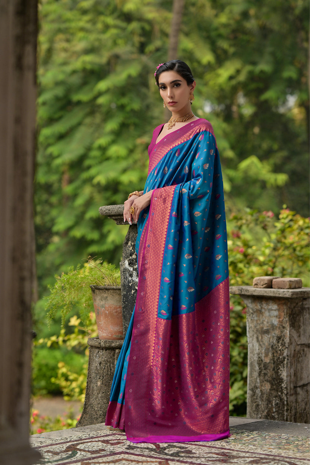 Jyoti Fashion Women's Blue Banarasi Silk Zari Woven Traditional Saree with Blouse