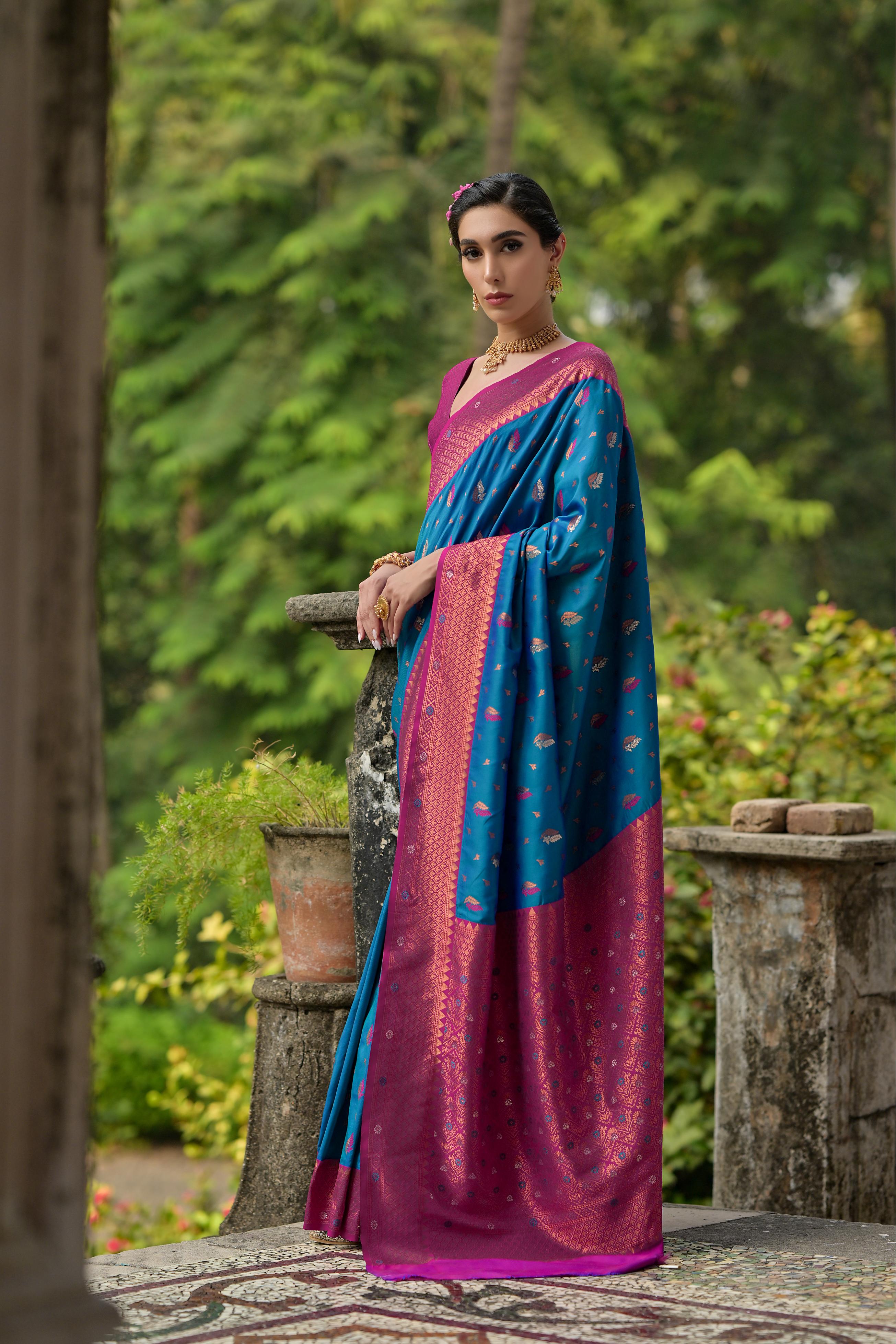Jyoti Fashion Women's Blue Banarasi Silk Zari Woven Traditional Saree with Blouse