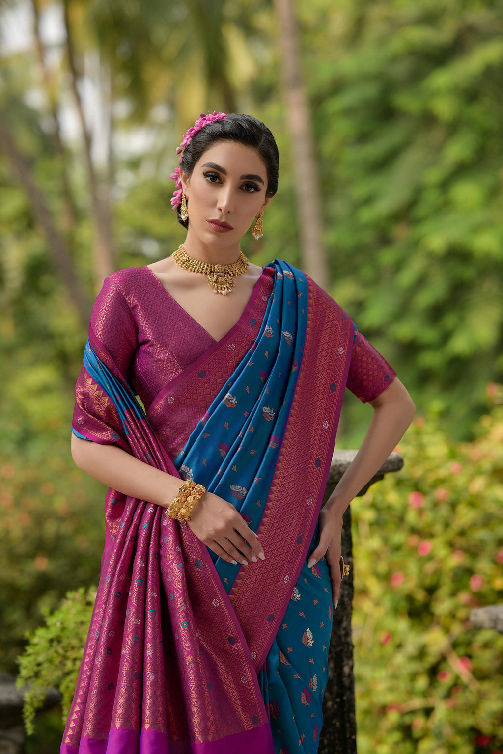 Jyoti Fashion Women's Blue Banarasi Silk Zari Woven Traditional Saree with Blouse