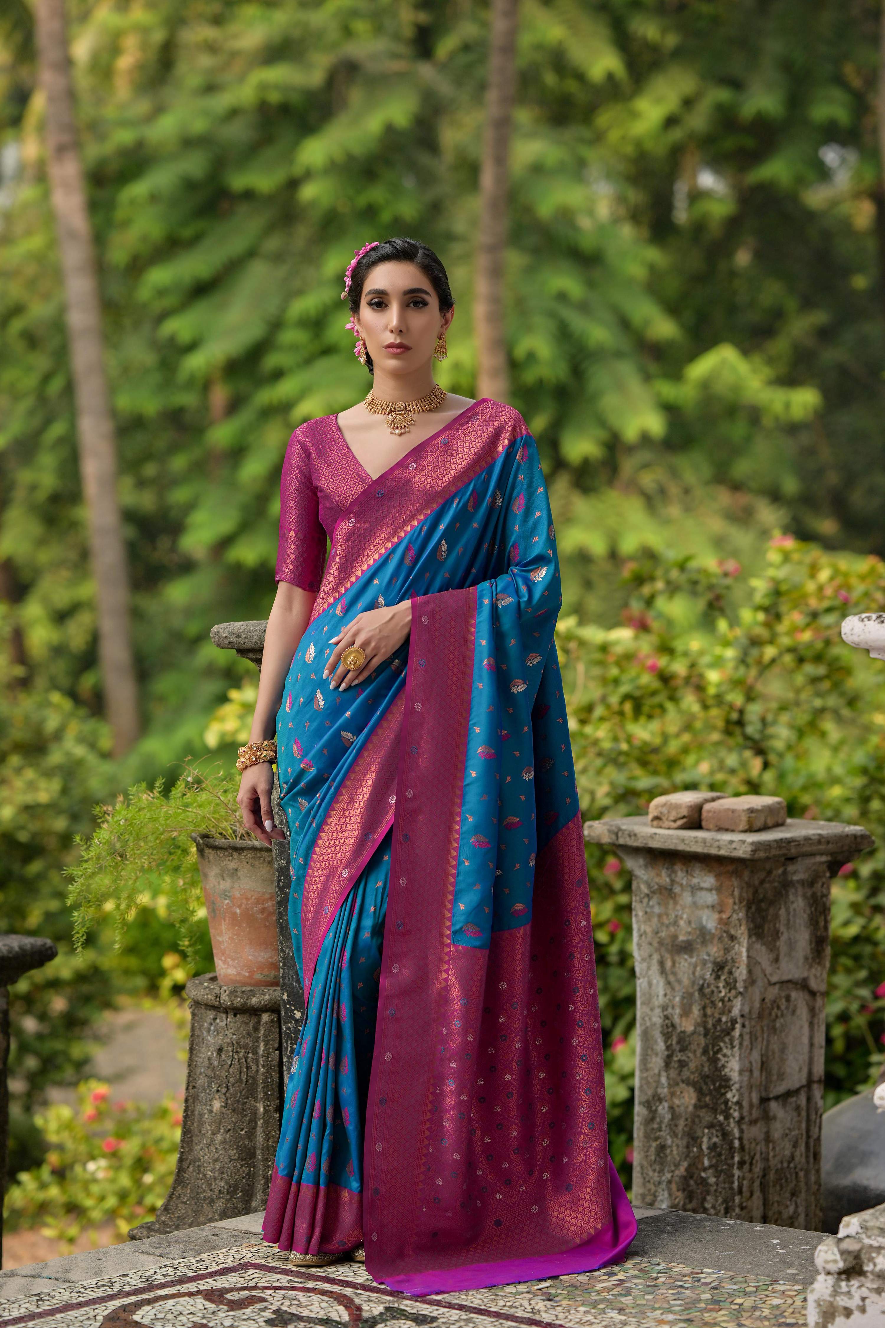 Jyoti Fashion Women's Blue Banarasi Silk Zari Woven Traditional Saree with Blouse