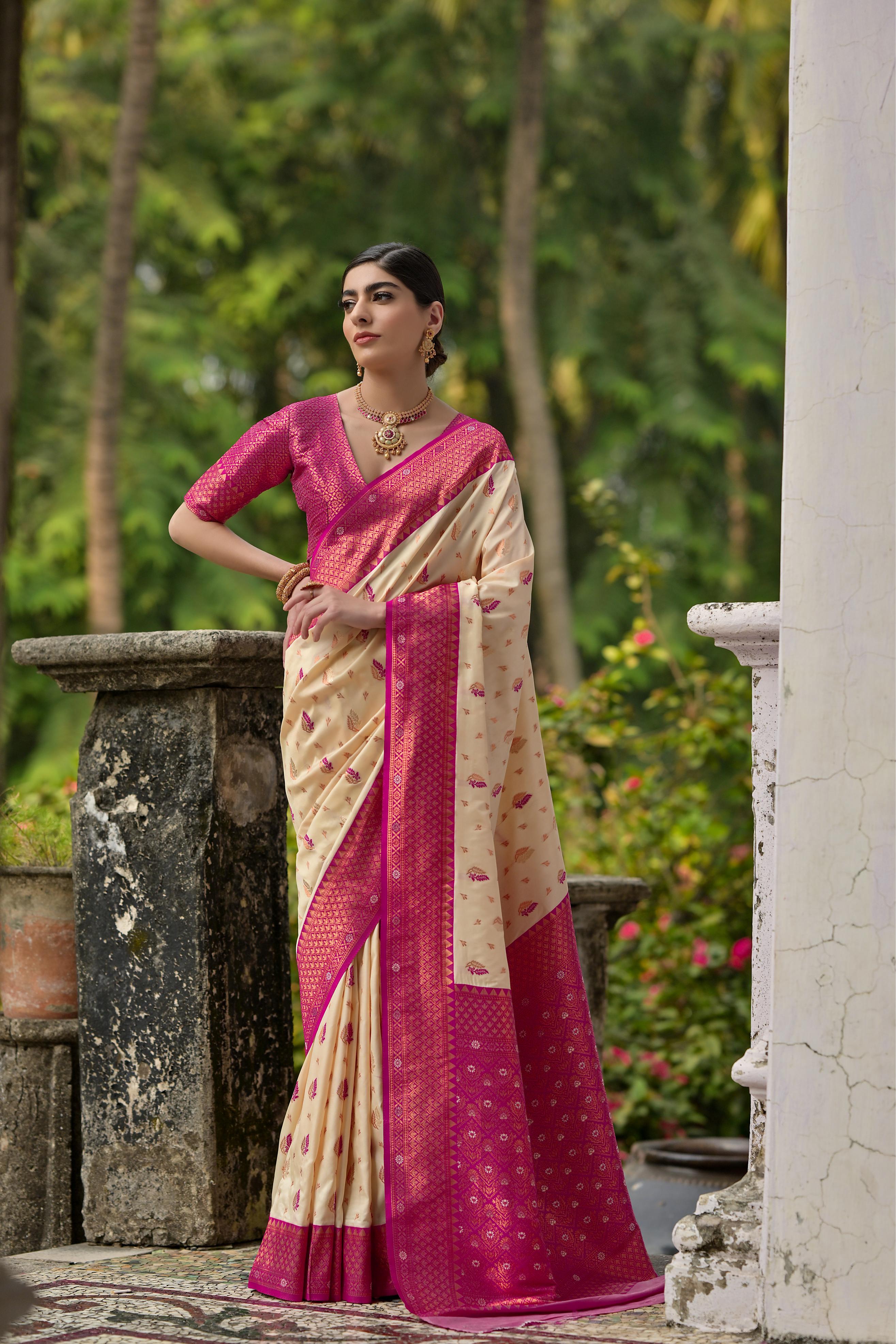 Jyoti Fashion Women's Cream Banarasi Silk Zari Woven Traditional Saree with Blouse
