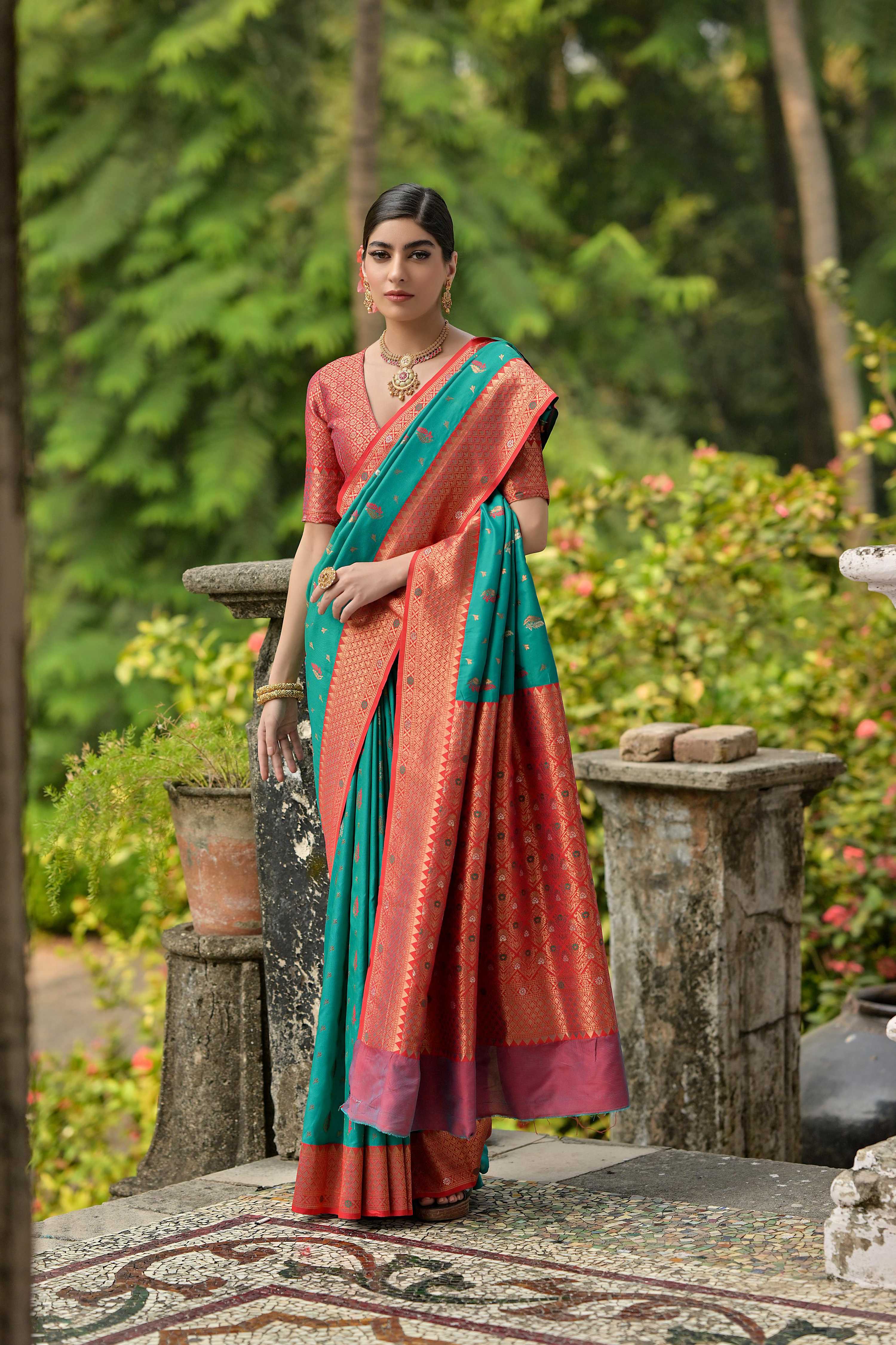 Jyoti Fashion Women's Rama Banarasi Silk Zari Woven Traditional Saree with Blouse
