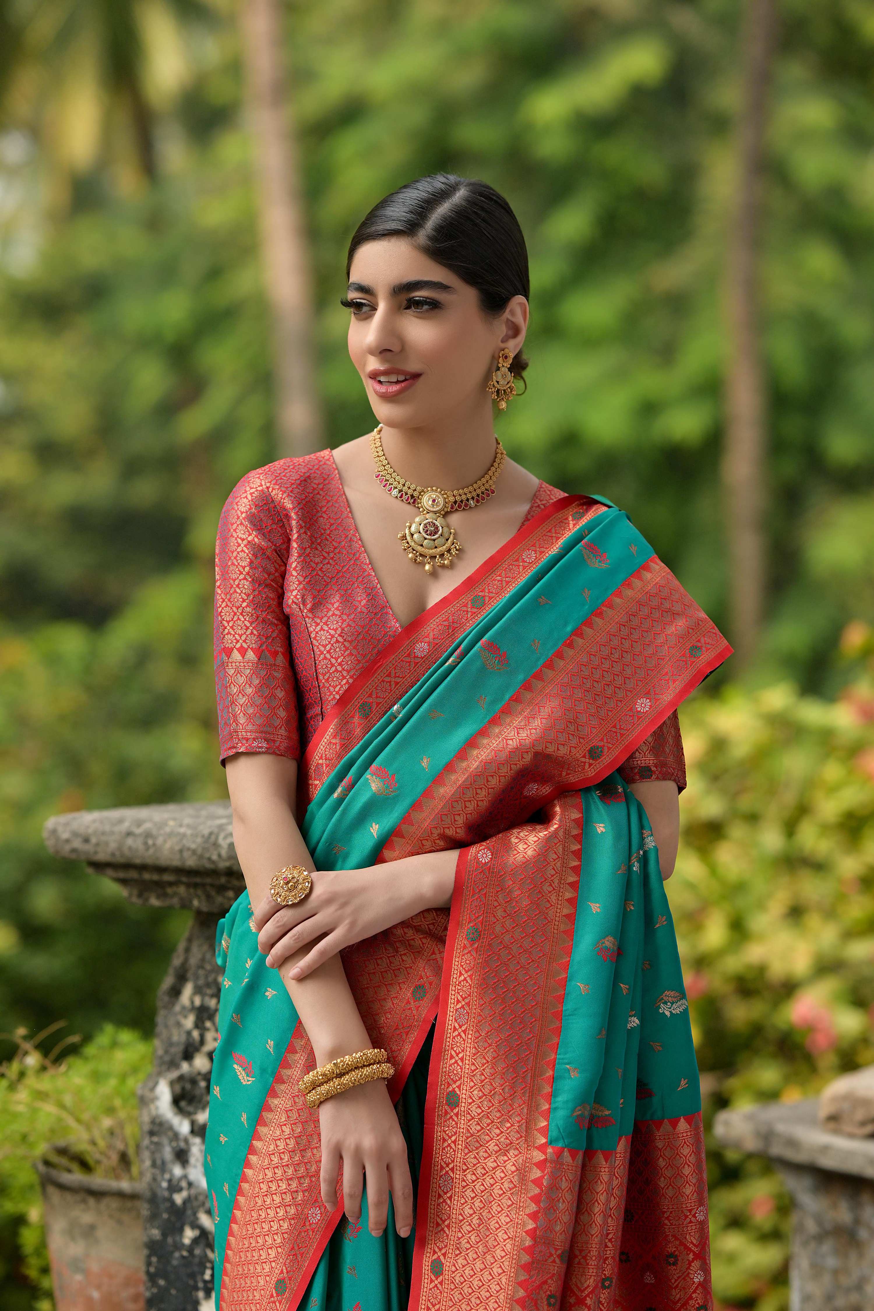Jyoti Fashion Women's Rama Banarasi Silk Zari Woven Traditional Saree with Blouse
