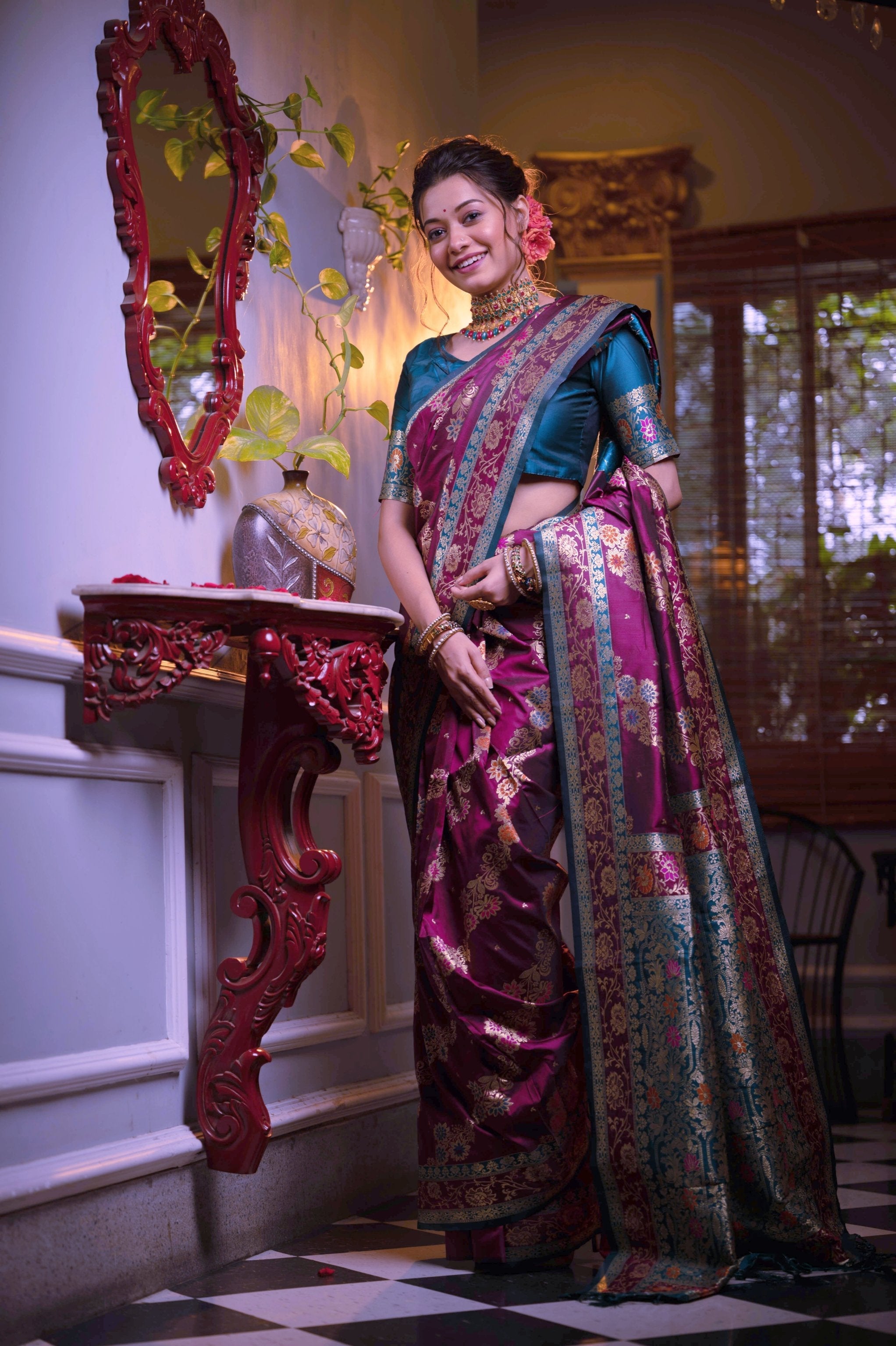 Jyoti Fashion Women's Wine Soft Banarasi Silk Zari Woven Traditional Saree with Blouse