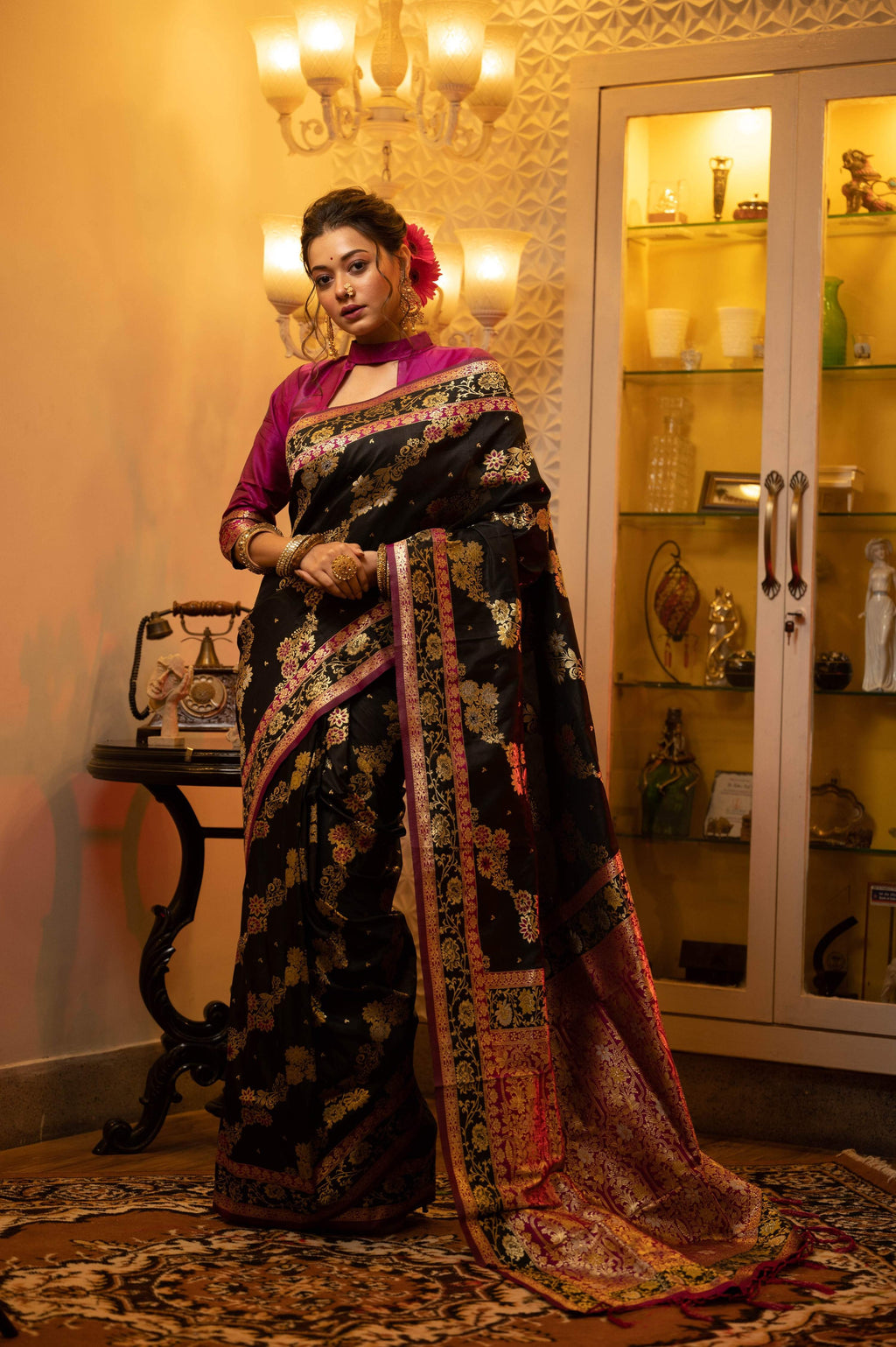 Jyoti Fashion Women's Black Soft Banarasi Silk Zari Woven Traditional Saree with Blouse