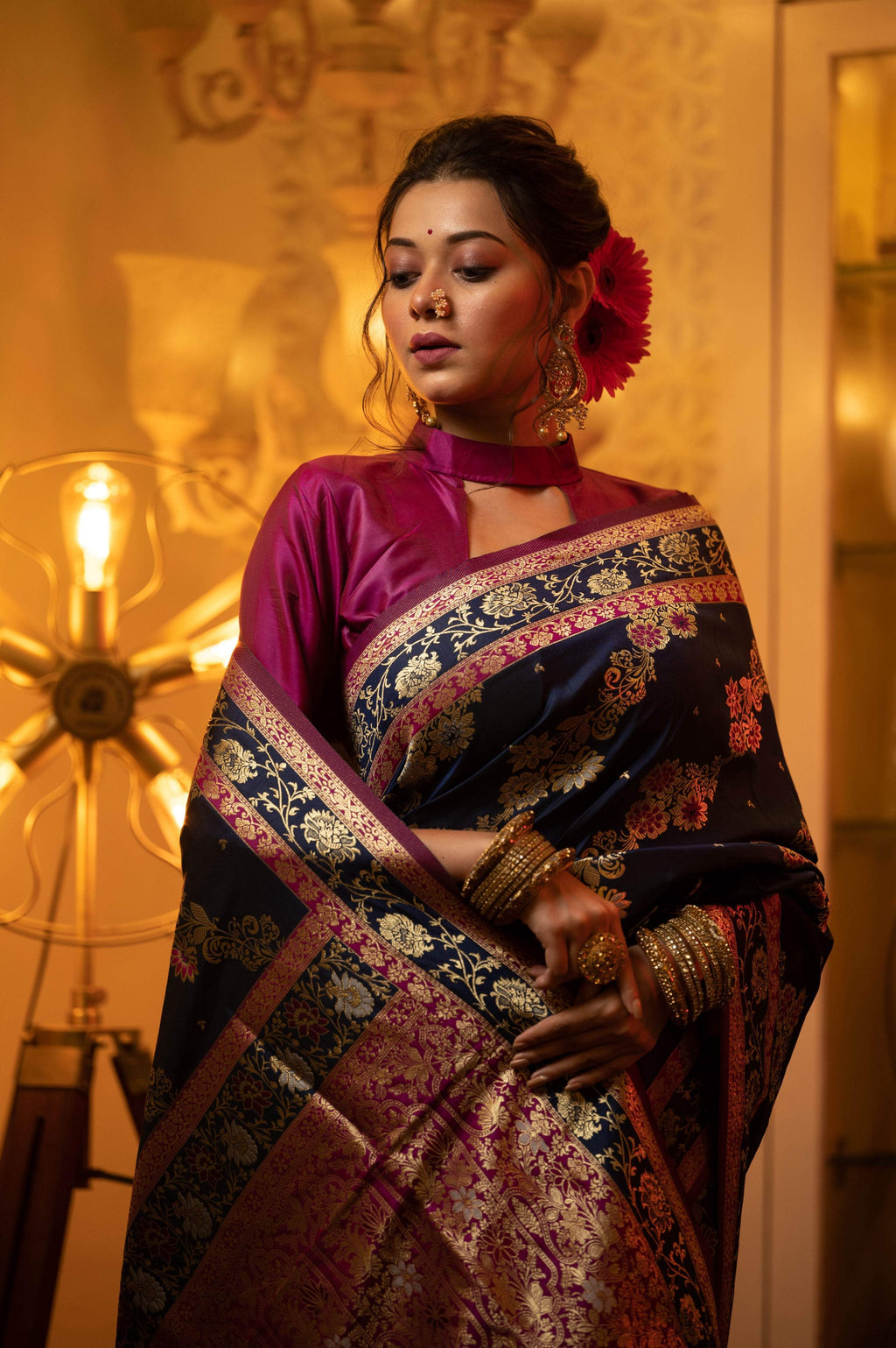 Jyoti Fashion Women's Navy Blue Soft Banarasi Silk Zari Woven Traditional Saree with Blouse