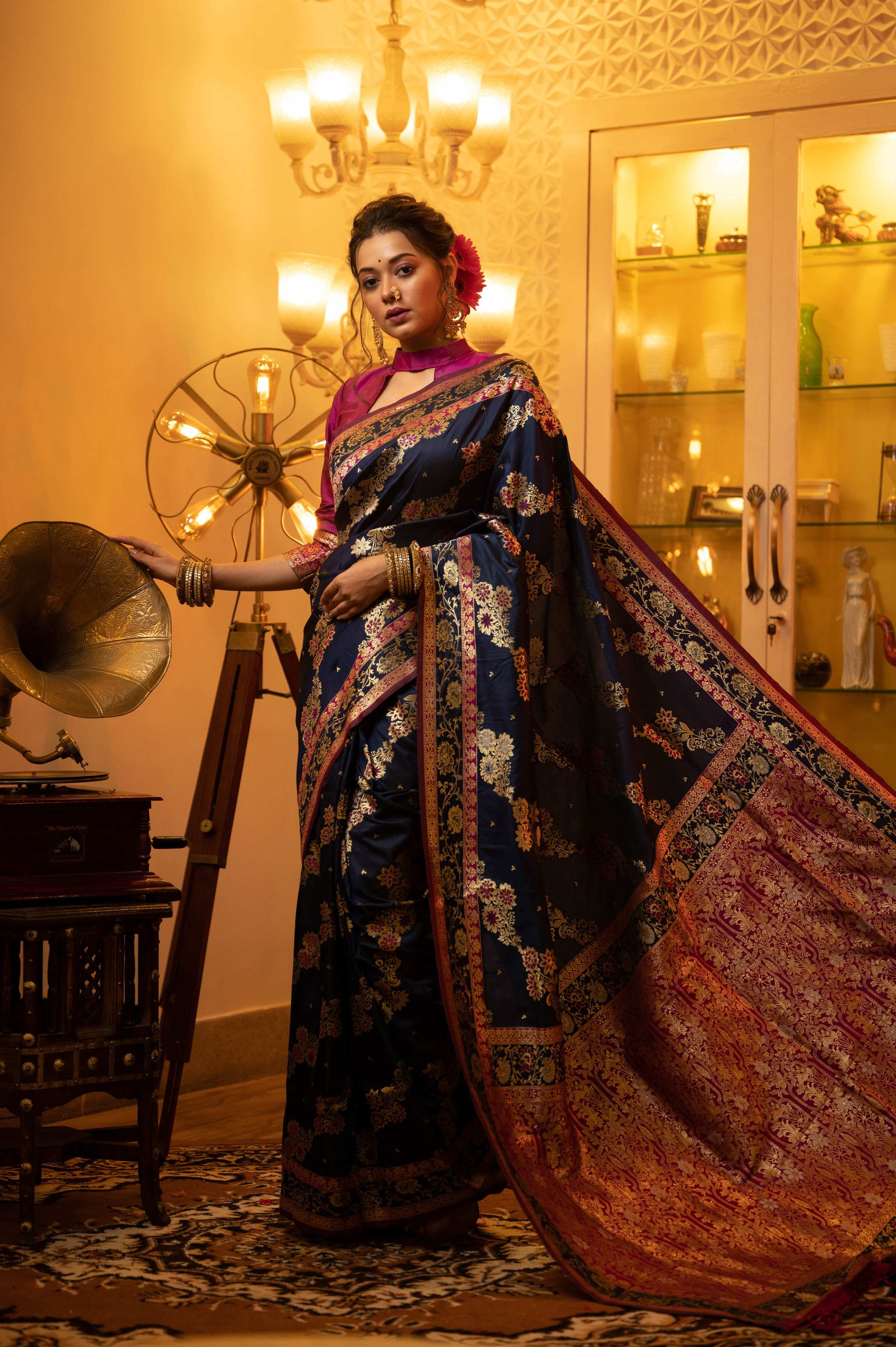 Jyoti Fashion Women's Navy Blue Soft Banarasi Silk Zari Woven Traditional Saree with Blouse
