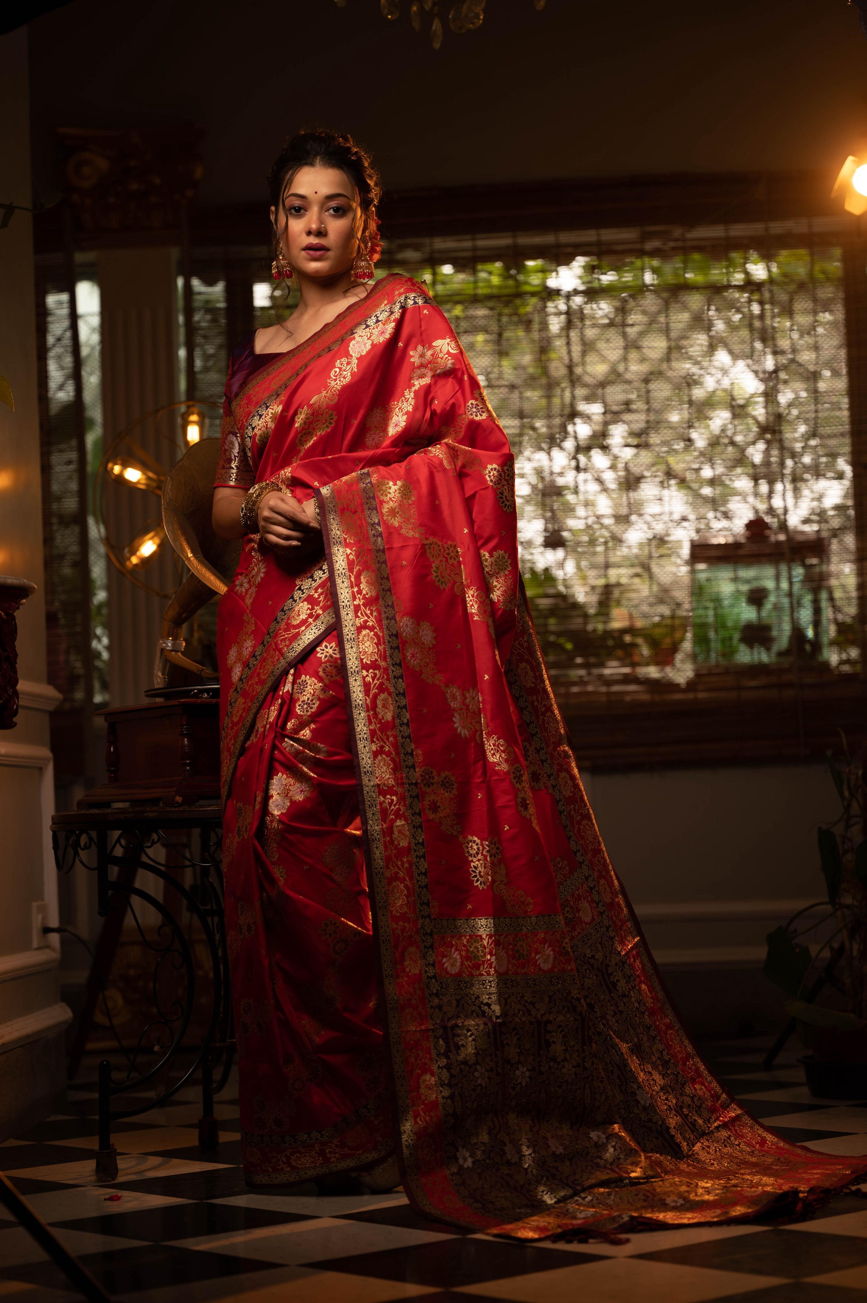 Jyoti Fashion Women's Red Soft Banarasi Silk Zari Woven Traditional Saree with Blouse