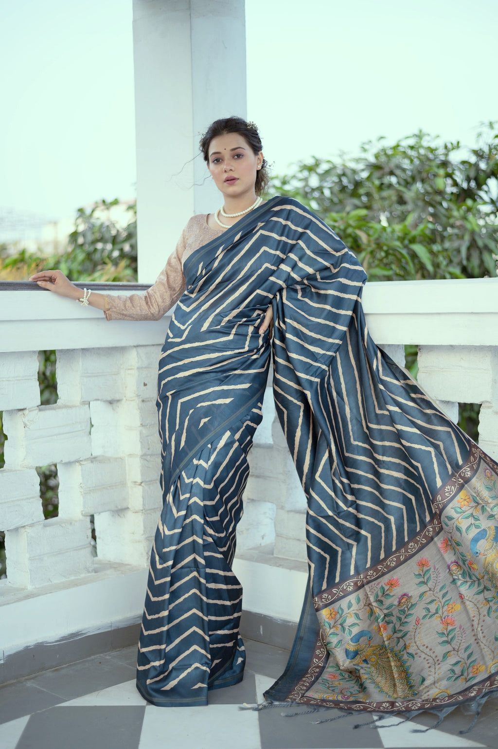 Jyoti Fashion Women's Blue Tussar Silk Leheriya Print with Zari Border Saree with Blouse
