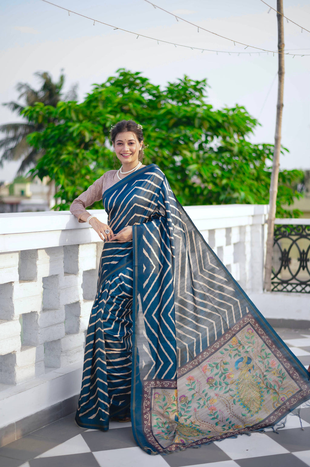 Jyoti Fashion Women's Blue Tussar Silk Leheriya Print with Zari Border Saree with Blouse