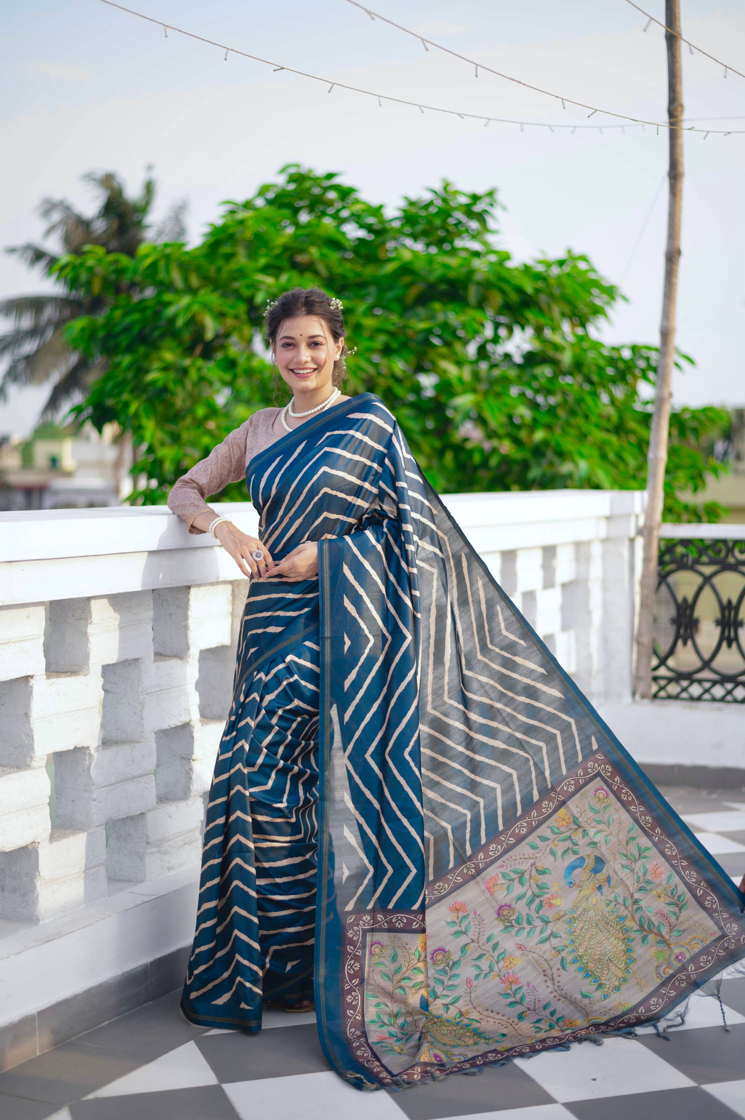 Jyoti Fashion Women's Blue Tussar Silk Leheriya Print with Zari Border Saree with Blouse