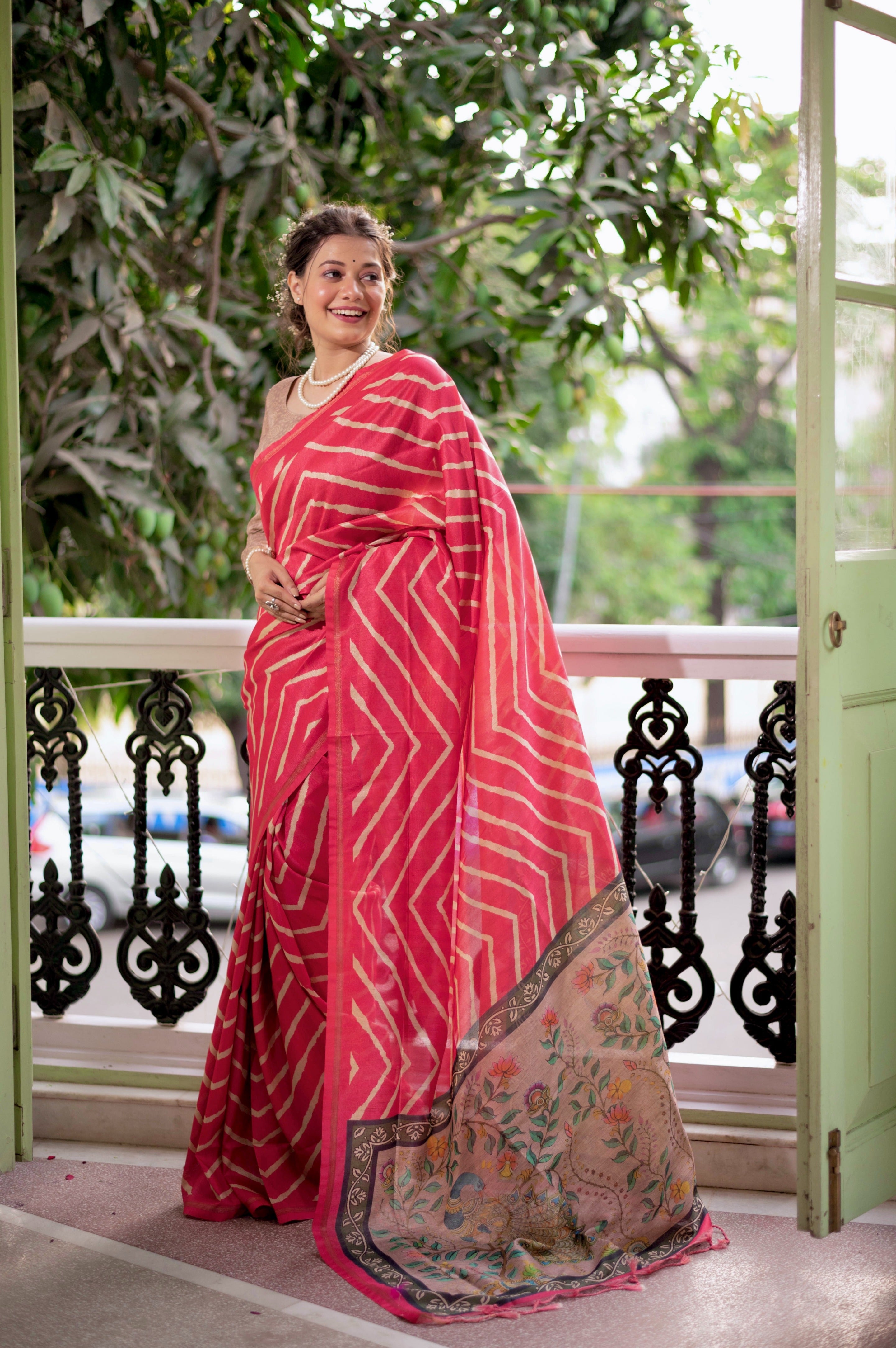 Jyoti Fashion Women's Gajri Tussar Silk Leheriya Print with Zari Border Saree with Blouse